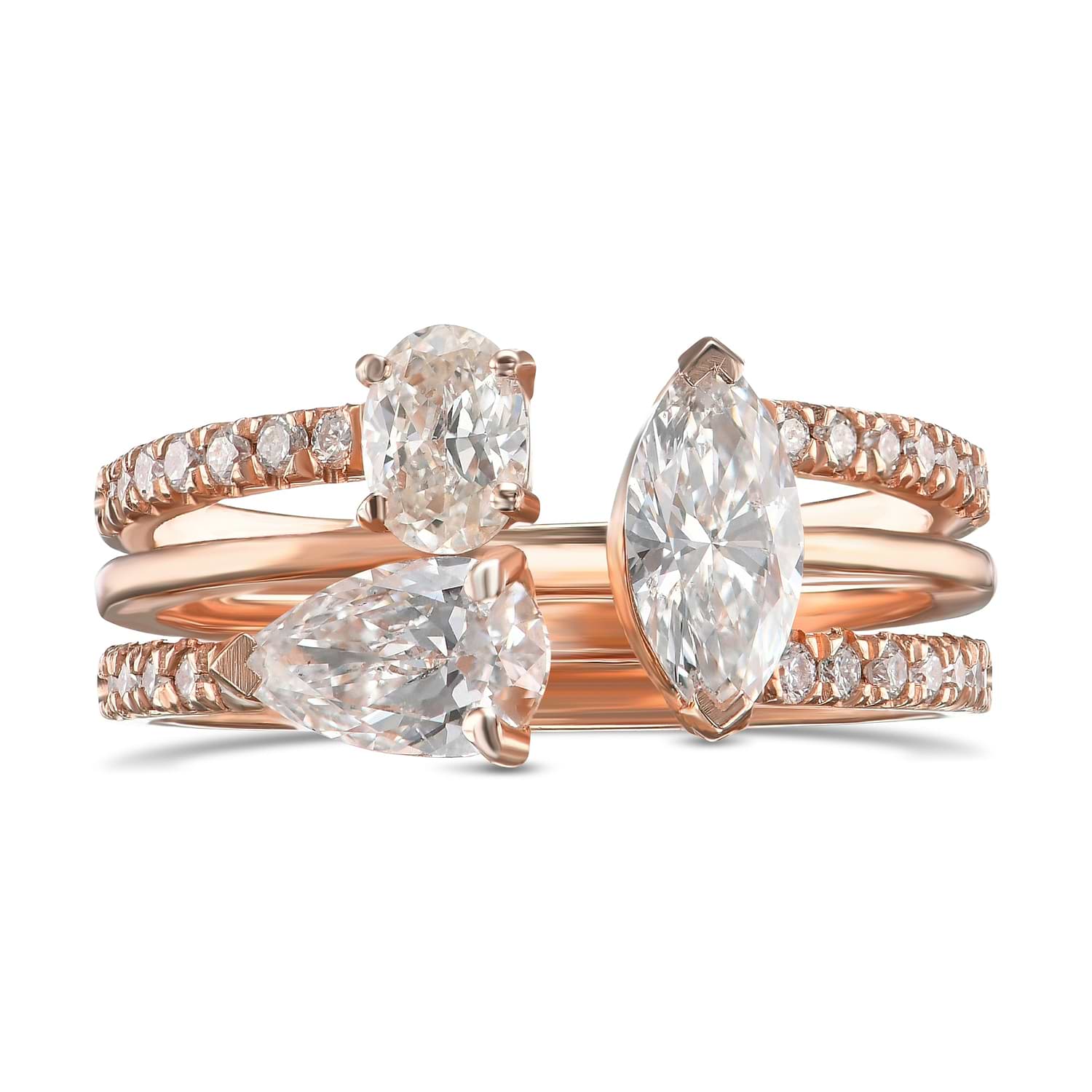 Three-stone Mix Shape Three Band Diamond Ring