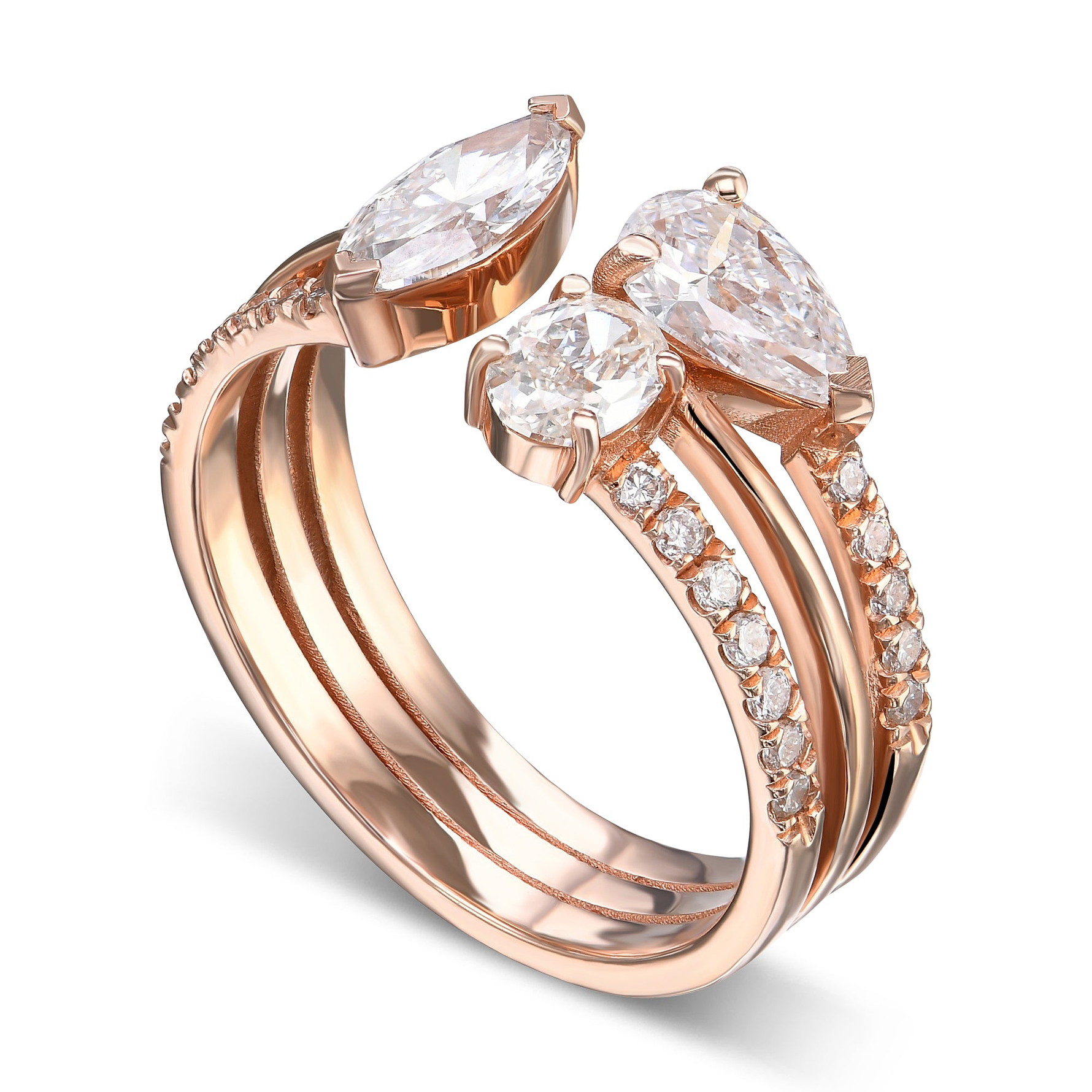 Three-stone Mix Shape Three Band Diamond Ring - 3