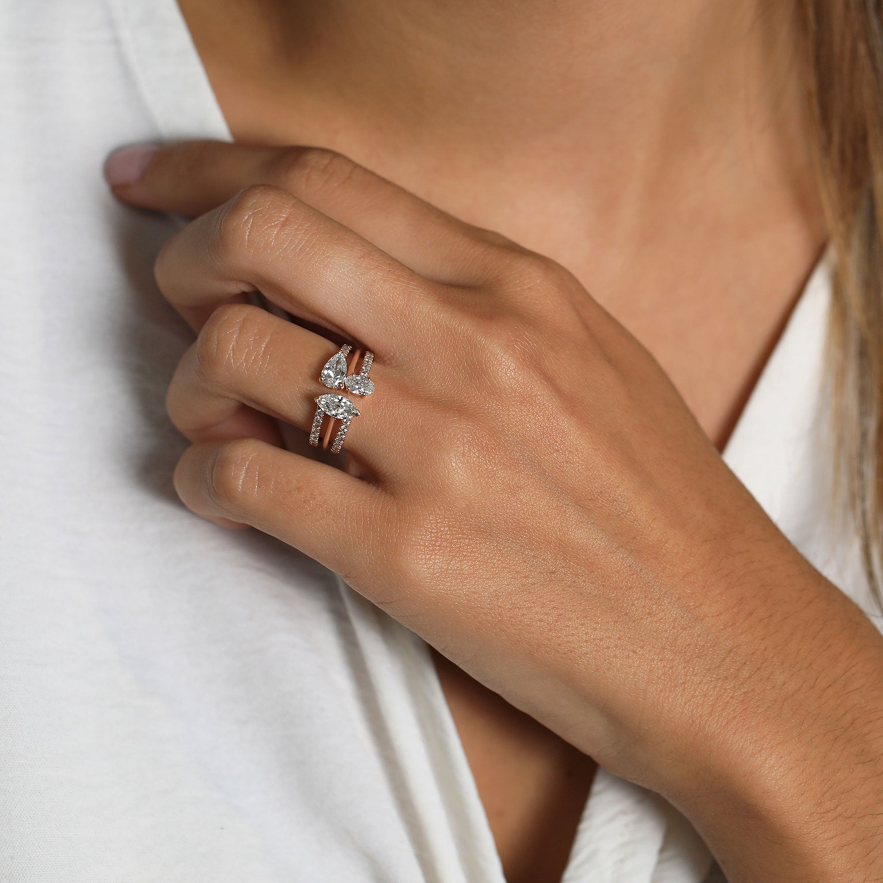Three-stone Mix Shape Three Band Diamond Ring - 5