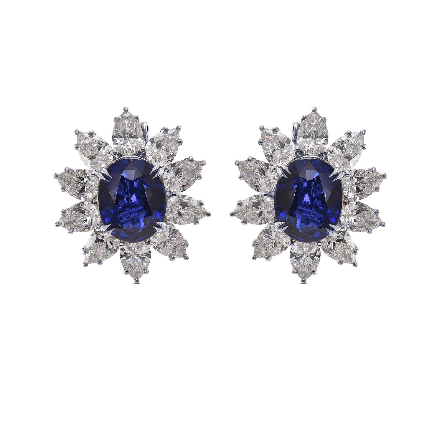 Extraordinary Burma Oval Blue Sapphire and Diamond Halo Earrings GUBELIN