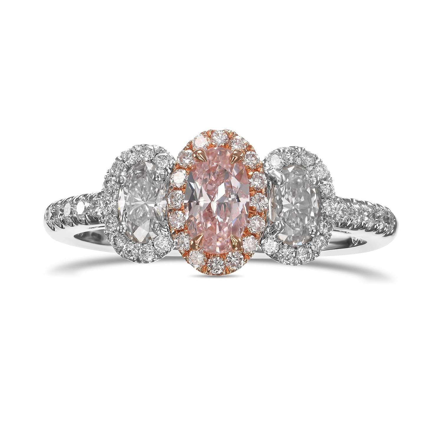 Fancy Light Pink Oval Diamond & Colorless Ovals, Three-stone Halo Diamond Ring GIA