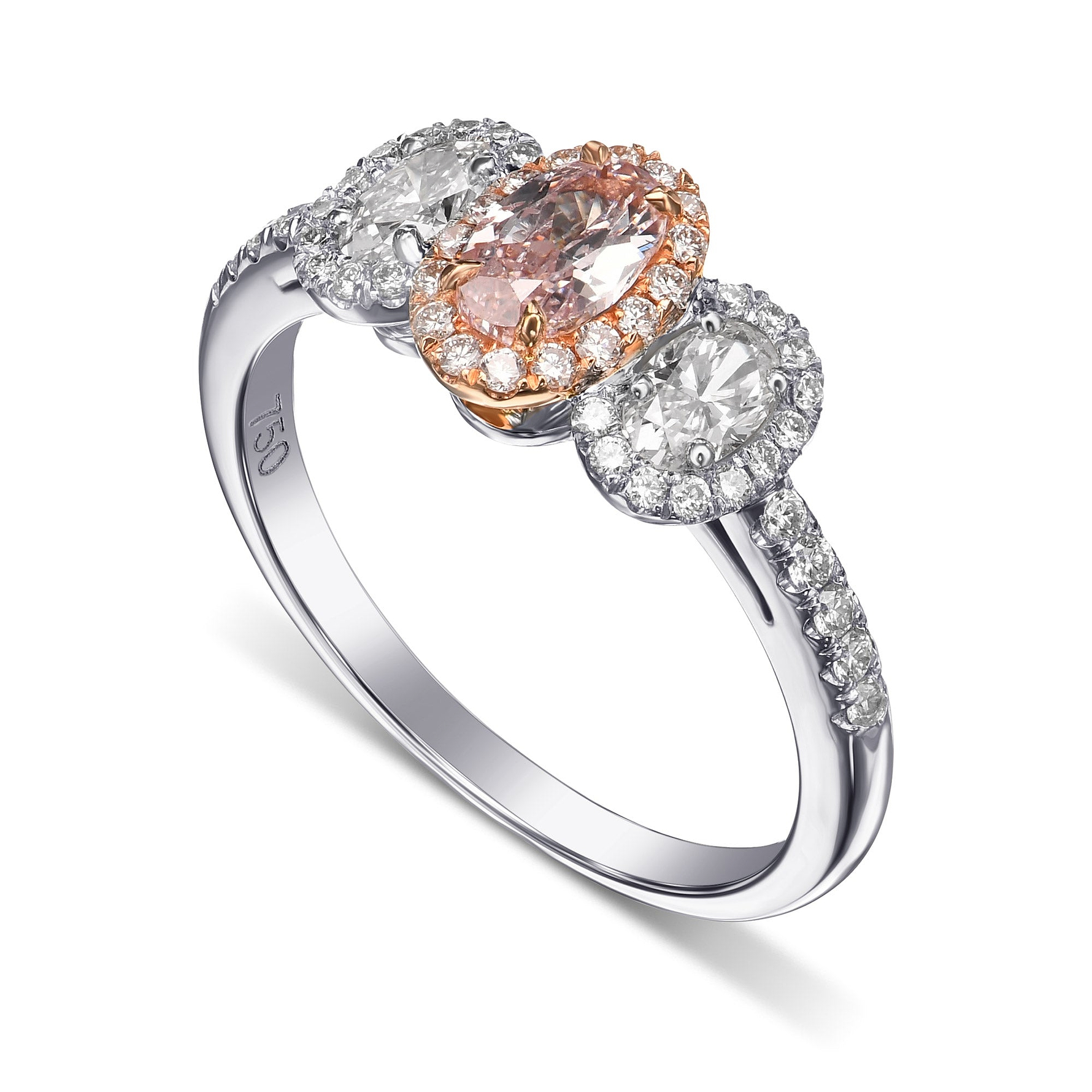 Fancy Light Pink Oval Diamond & Colorless Ovals, Three-stone Halo Diamond Ring GIA - 3
