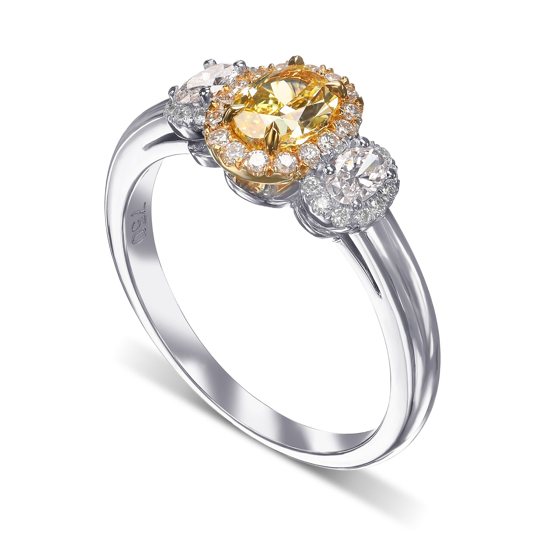 Fancy Intense Yellow Oval Diamond & Colorless Ovals, Three-stone Halo Diamond Ring GIA - 3