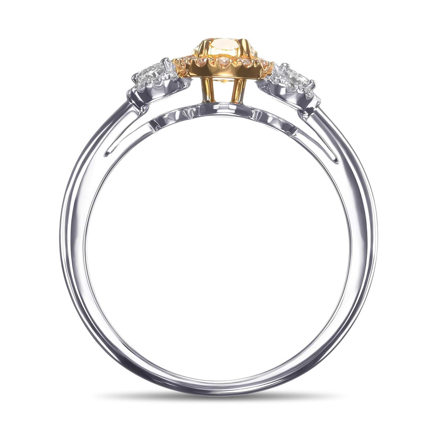 Fancy Intense Yellow Oval Diamond & Colorless Ovals, Three-stone Halo Diamond Ring GIA - 2