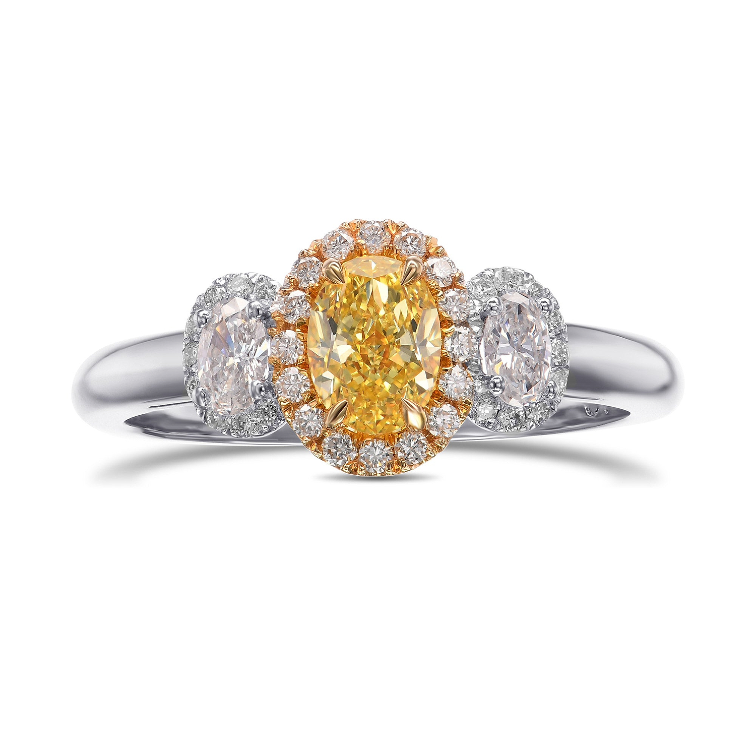 Fancy Intense Yellow Oval Diamond & Colorless Ovals, Three-stone Halo Diamond Ring GIA