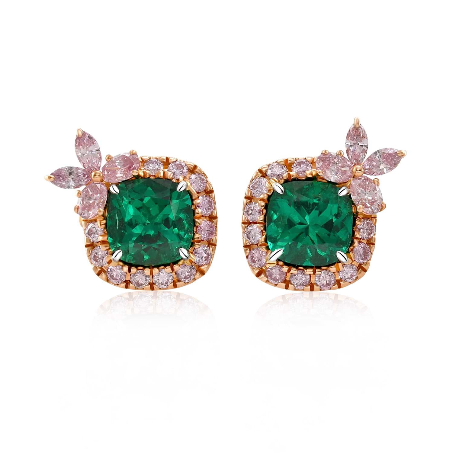 Cushion "No Oil" Muzo Emerald & Argyle Pink Diamond Stud Earrings SSEF