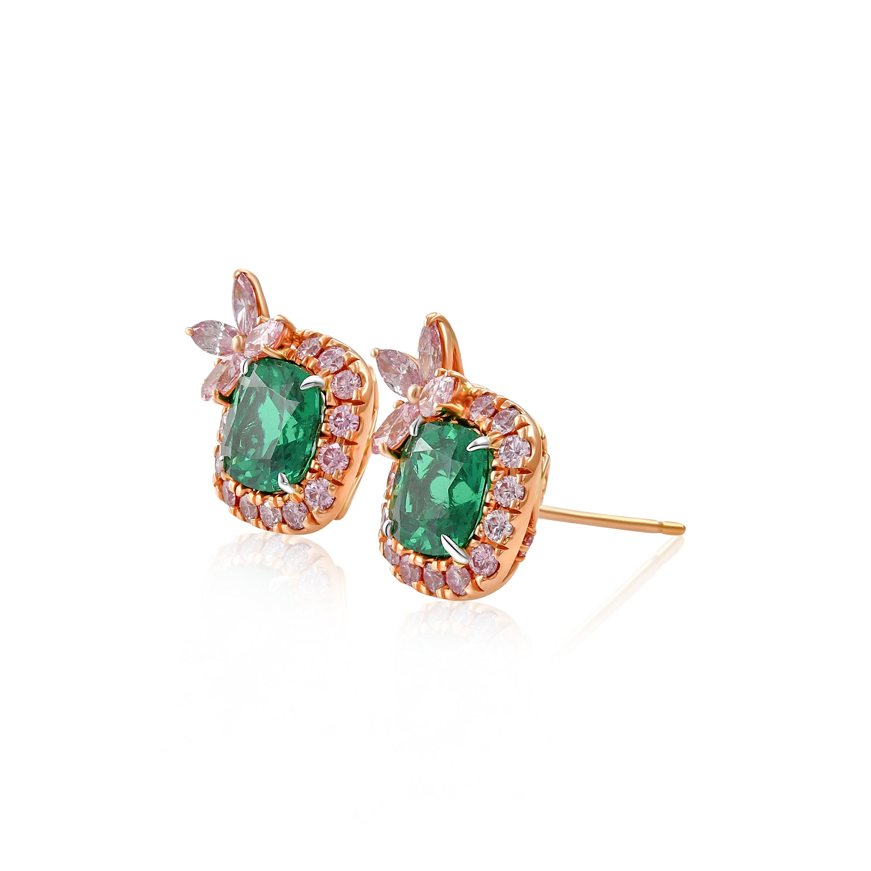 Cushion "No Oil" Muzo Emerald & Argyle Pink Diamond Stud Earrings SSEF - 2