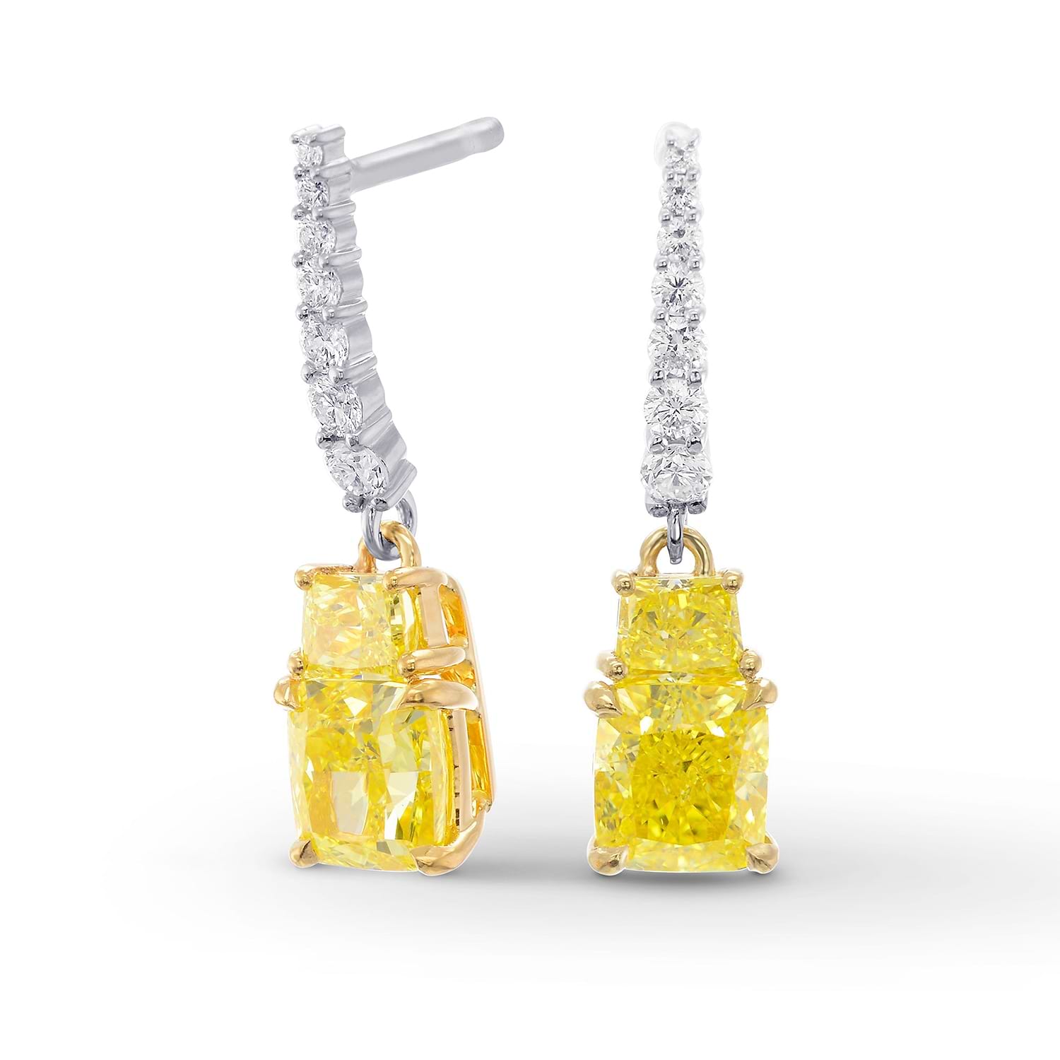 Fancy Intense Yellow Cushion and Vivid Yellow Taper Diamond Drop Earrings