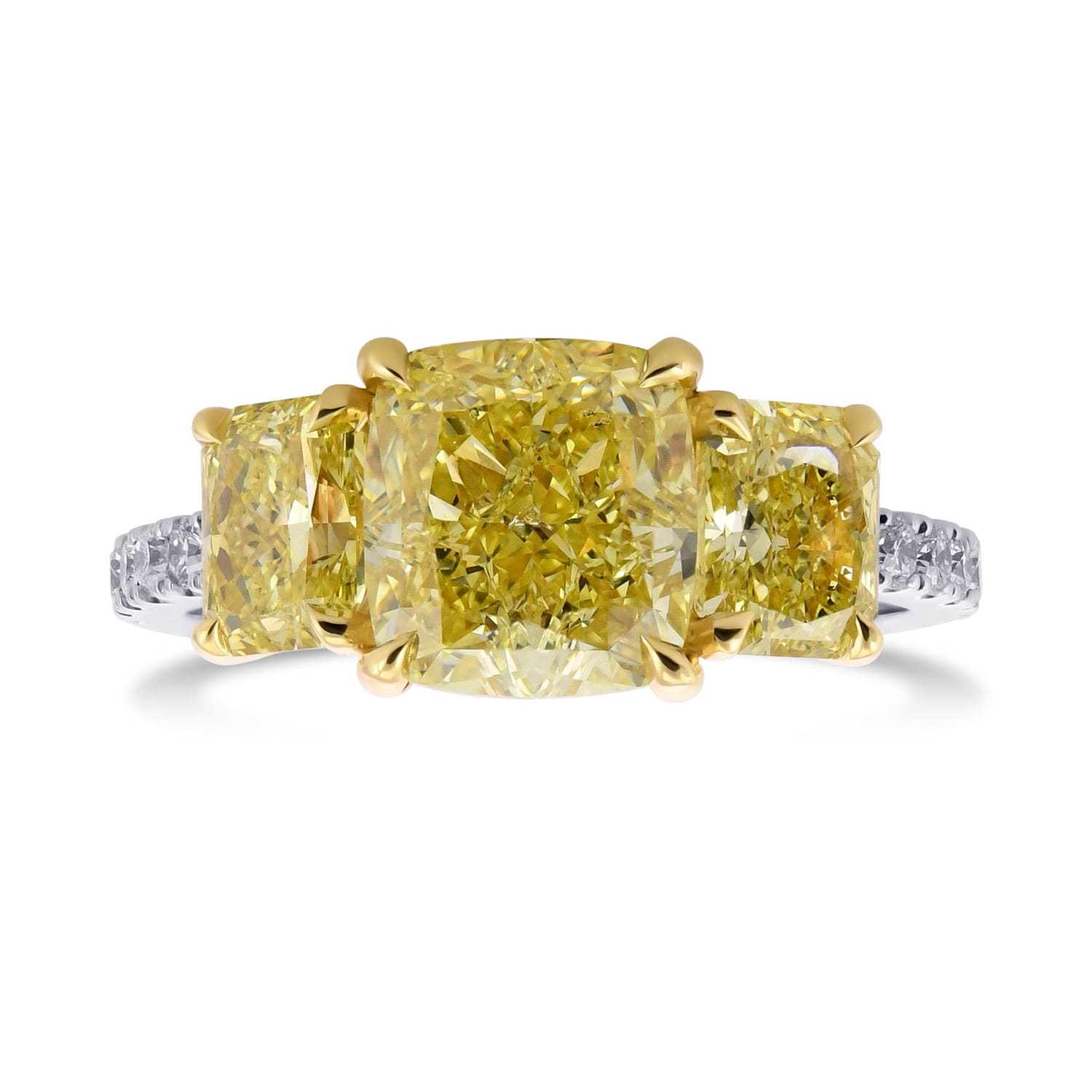 Fancy Intense Yellow Cushion Three-stone Diamond Ring GIA