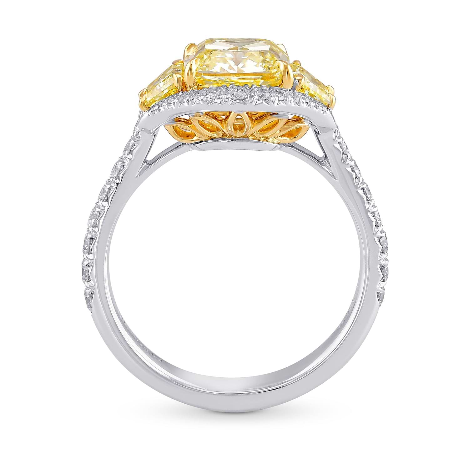 Fancy Yellow Cushion Three-stone Halo Diamond Ring
