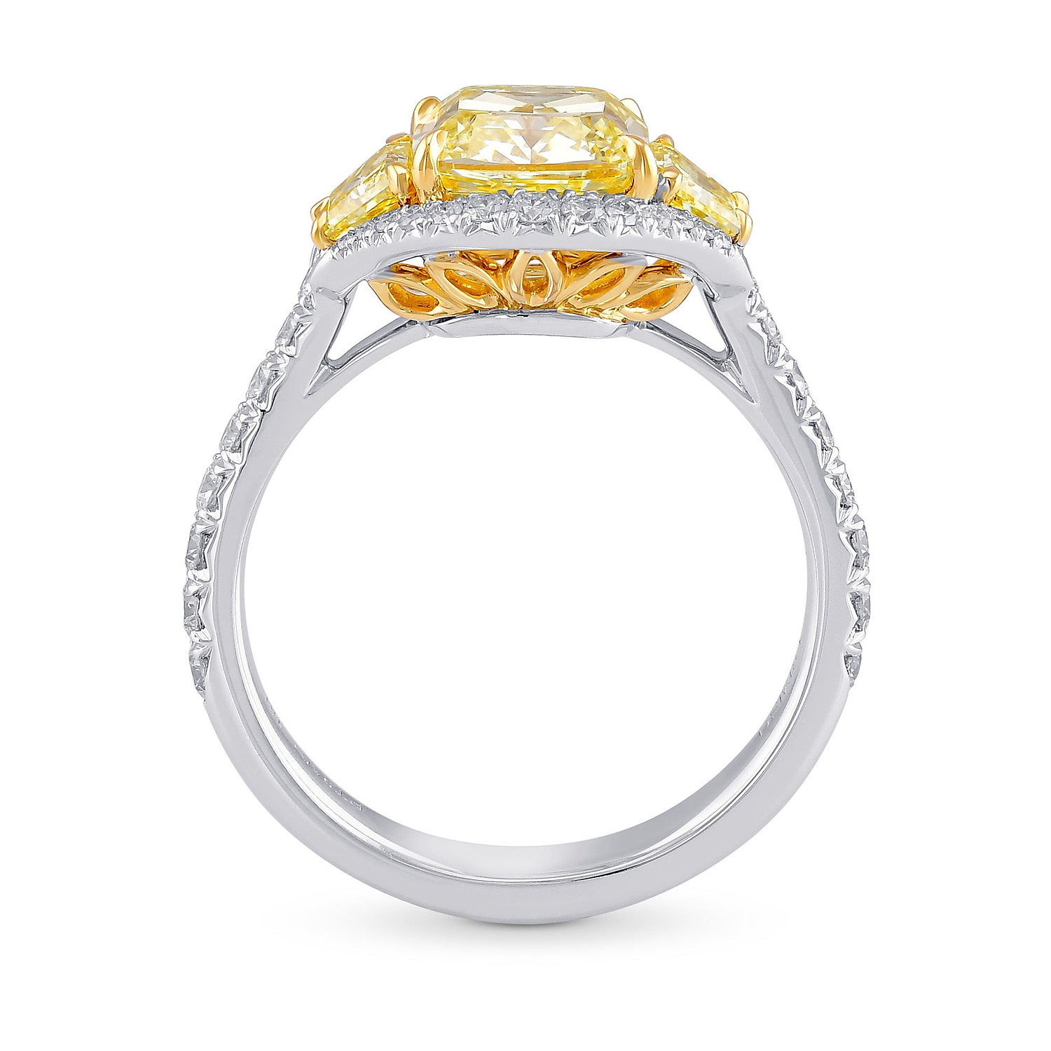 Fancy Yellow Cushion Three-stone Halo Diamond Ring