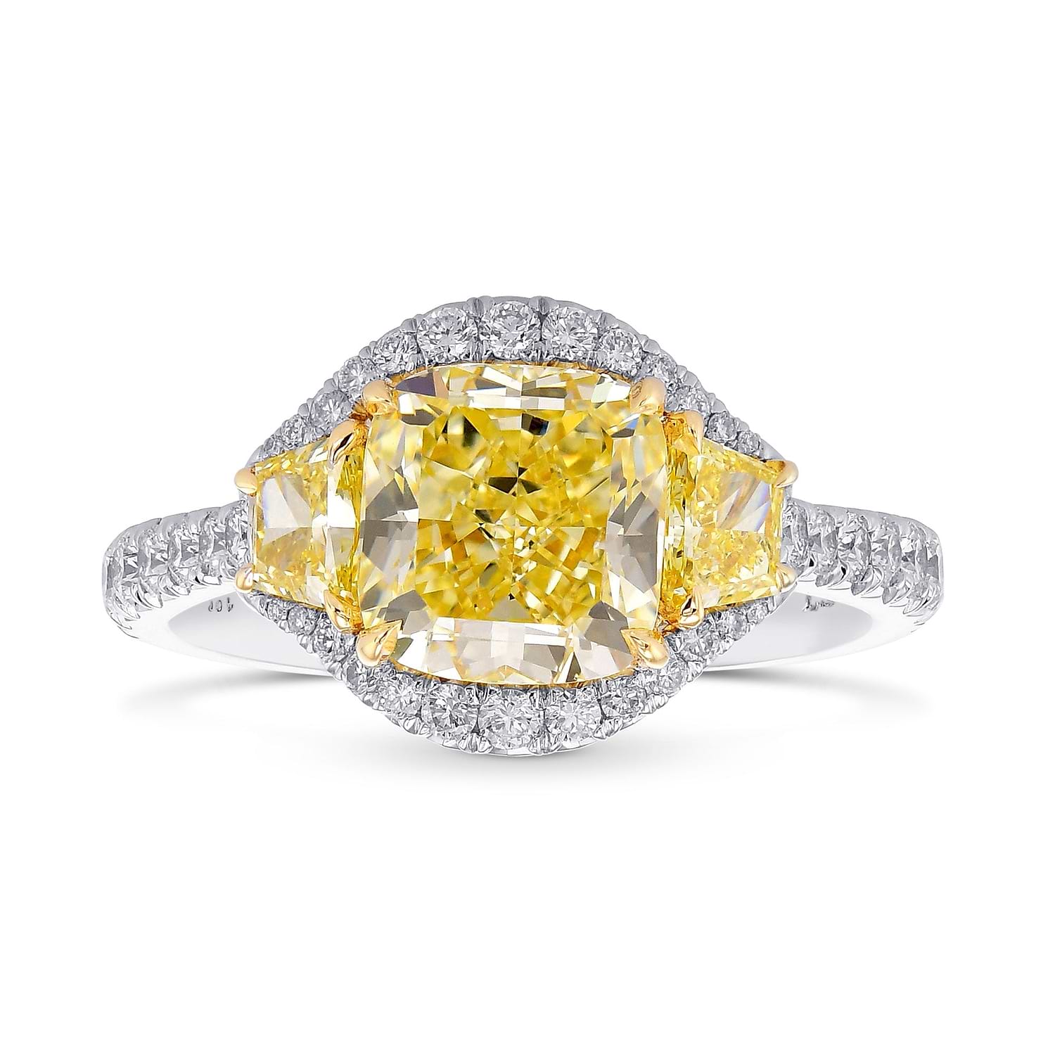 Fancy Yellow Cushion Three-stone Halo Diamond Ring
