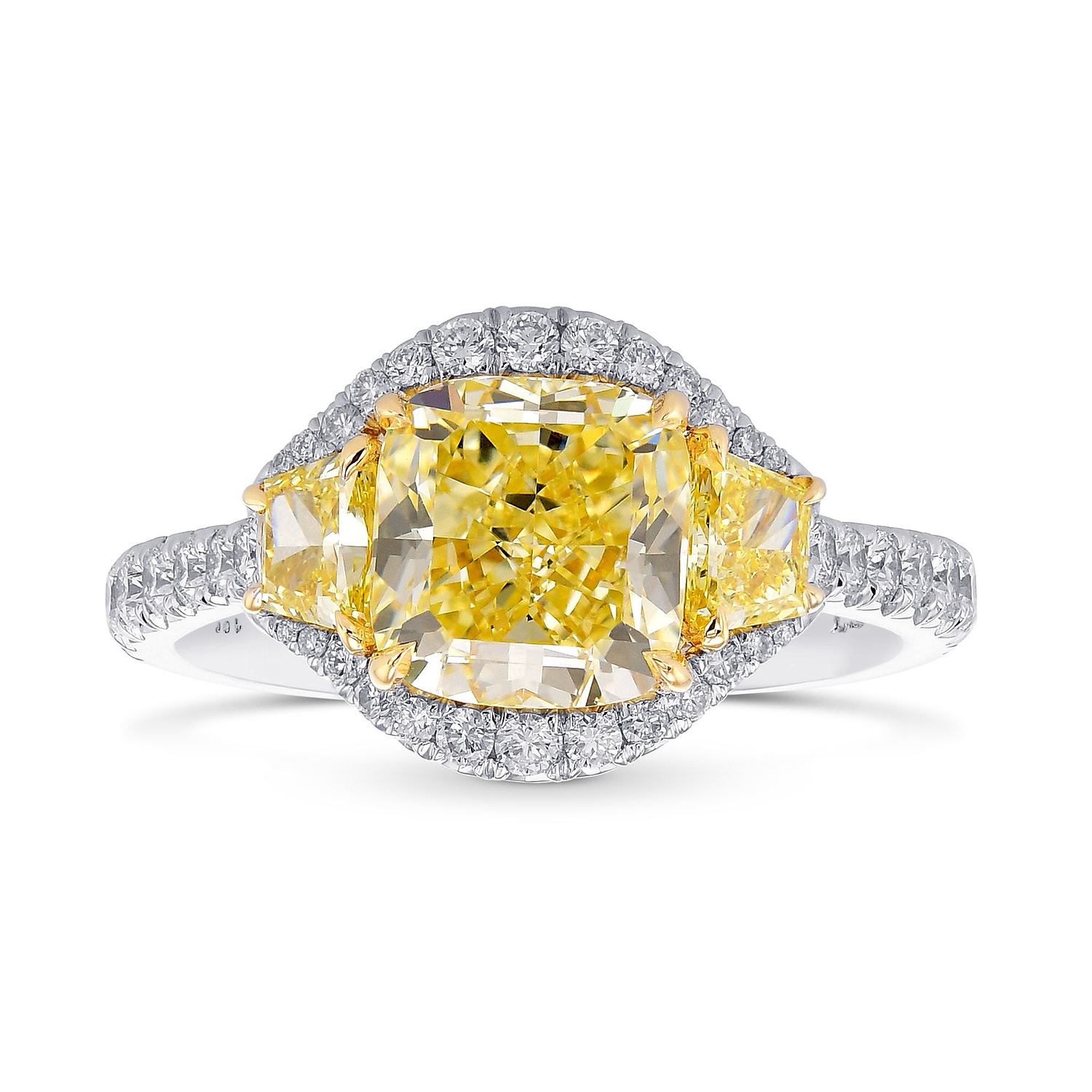 Fancy Yellow Cushion Three-stone Halo Diamond Ring