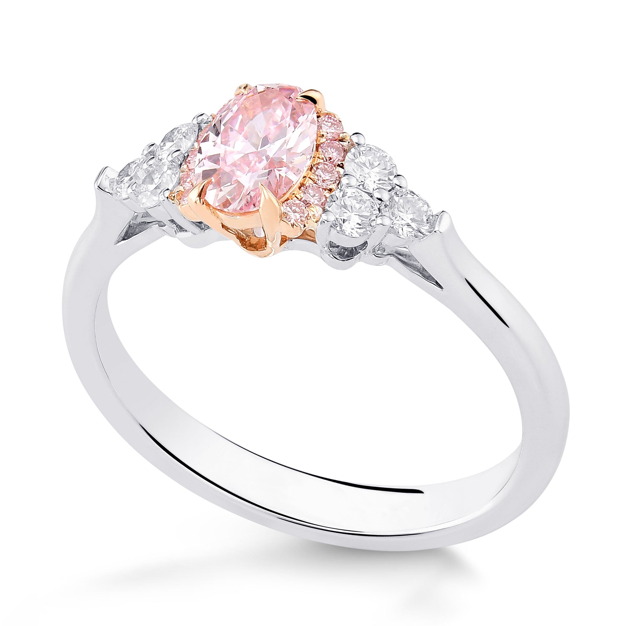 Fancy Intense Pink Oval Diamond Side Stone Ring | LEIBISH