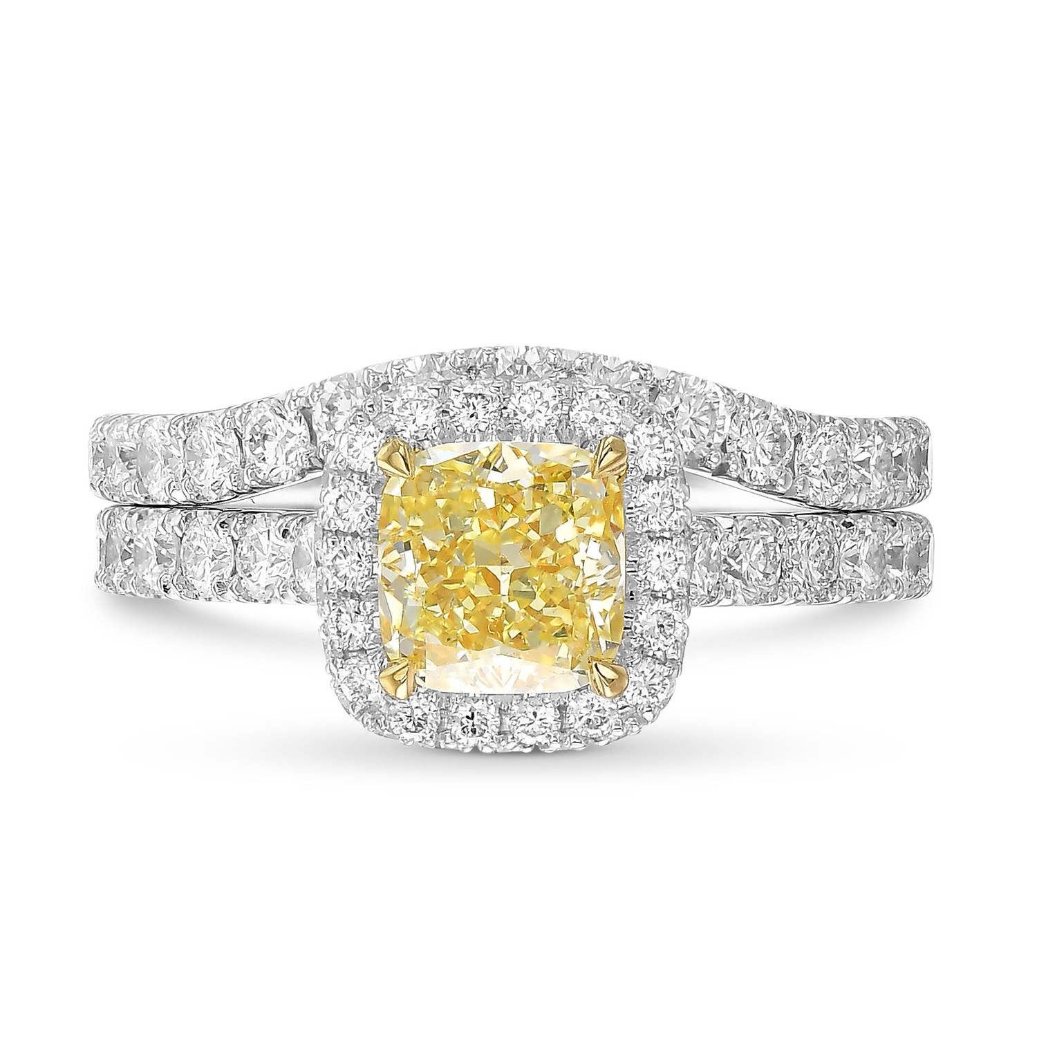 Fancy Light Yellow Cushion Halo Diamond Ring Set