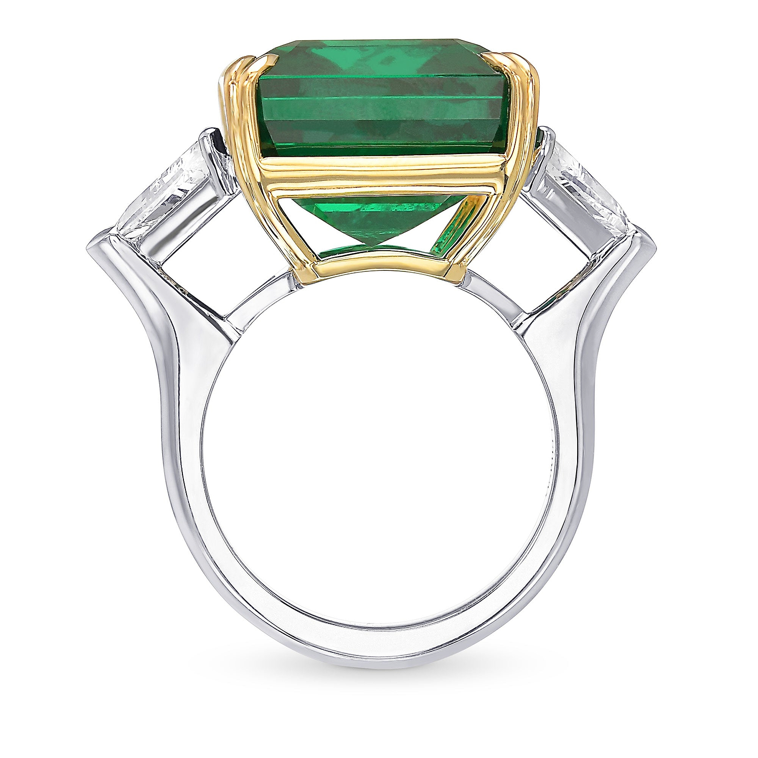 Vivid Green Octagon Emerald and Diamond Three-stone Ring