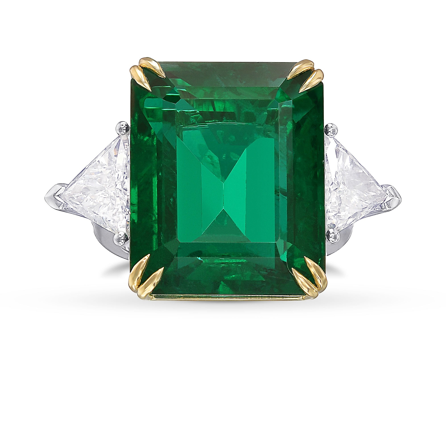Vivid Green Octagon Emerald and Diamond Three-stone Ring
