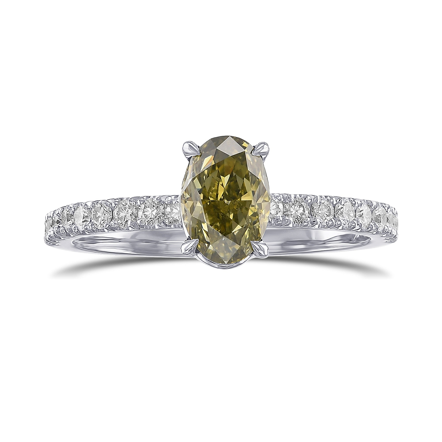 Fancy Deep Brownish Greenish Yellow Oval Diamond Side-stone Diamond Ring