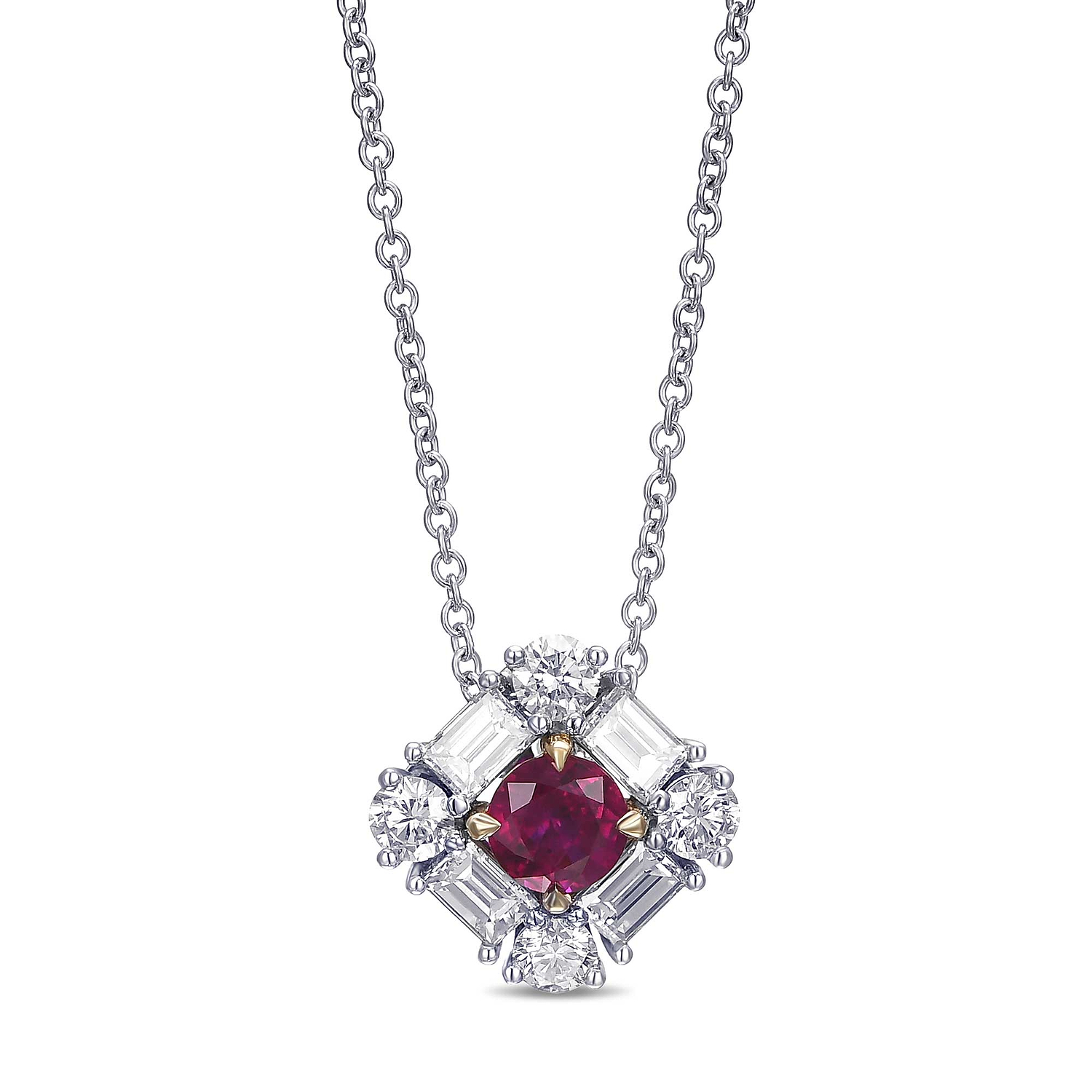 Extraordinary Round Red Ruby and Diamond Halo Pendant