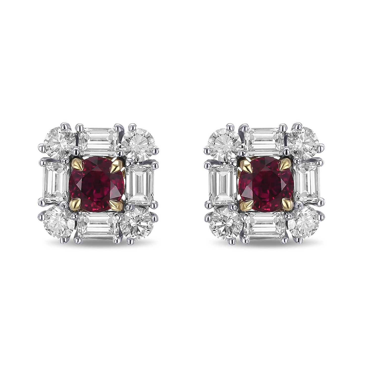 Extraordinary Round Red Ruby and Diamond Halo Stud Earrings