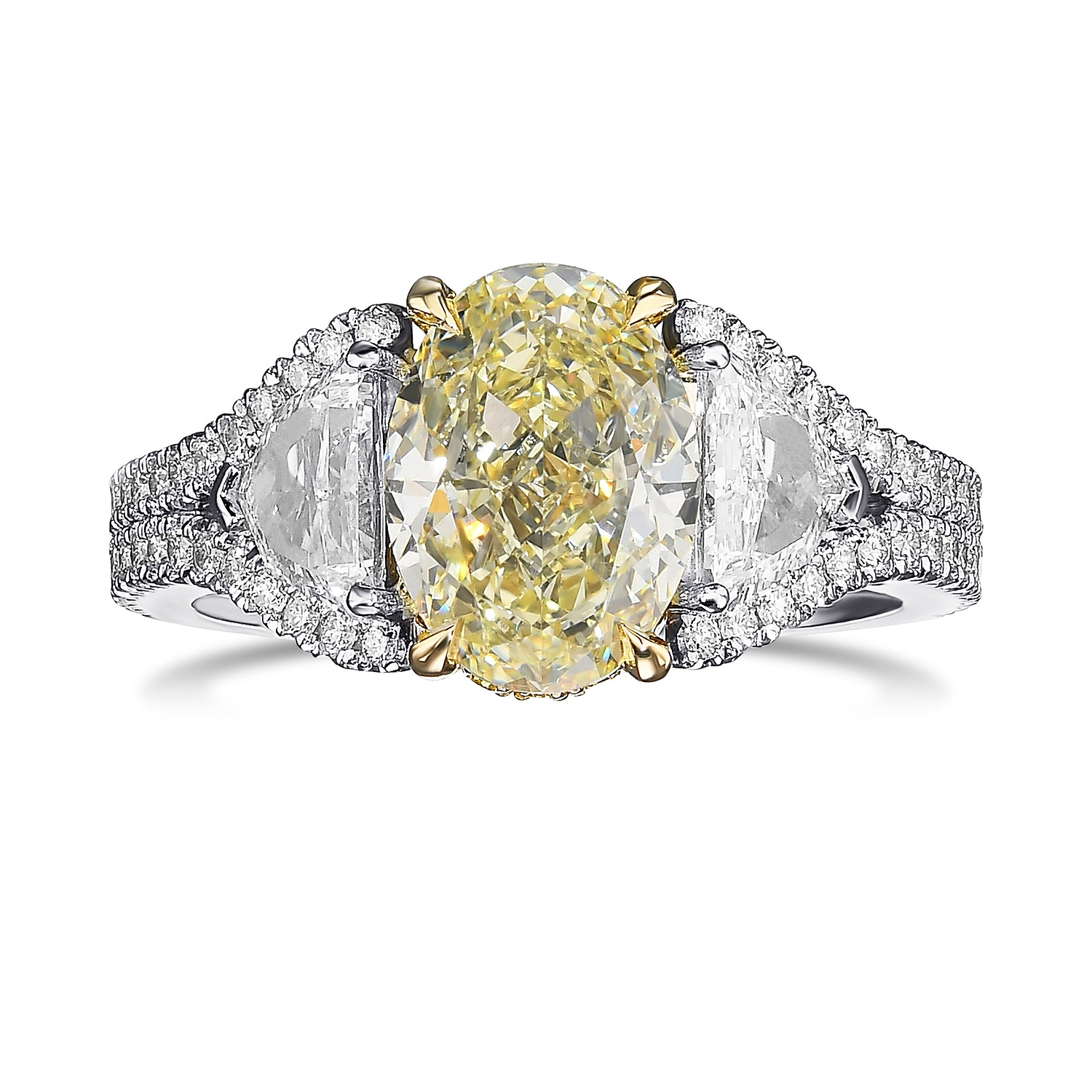 Light Yellow Oval 3 Stone Diamond Ring