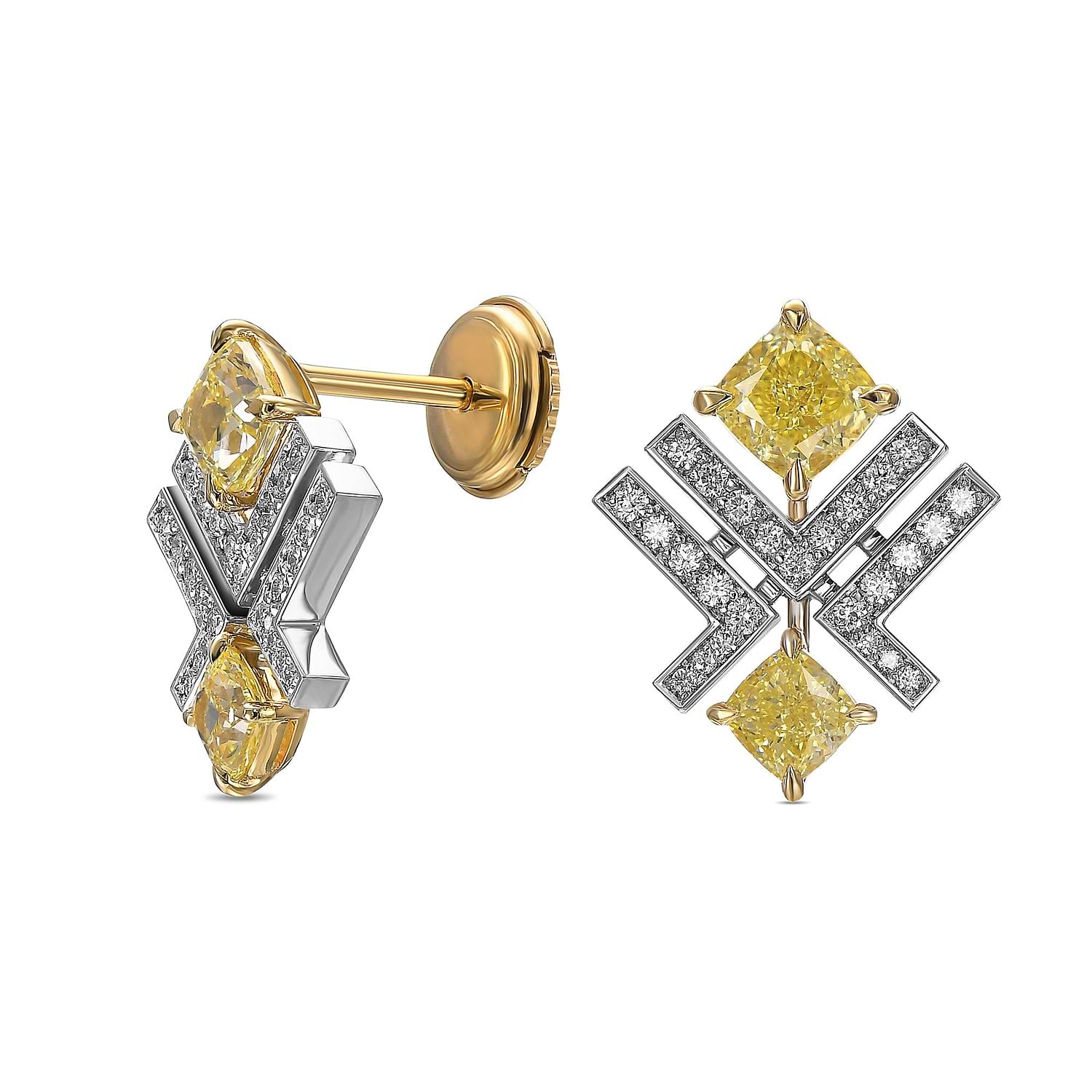 Fancy Yellow Cushion and Pave Diamond Leibish Logo Stud Earrings