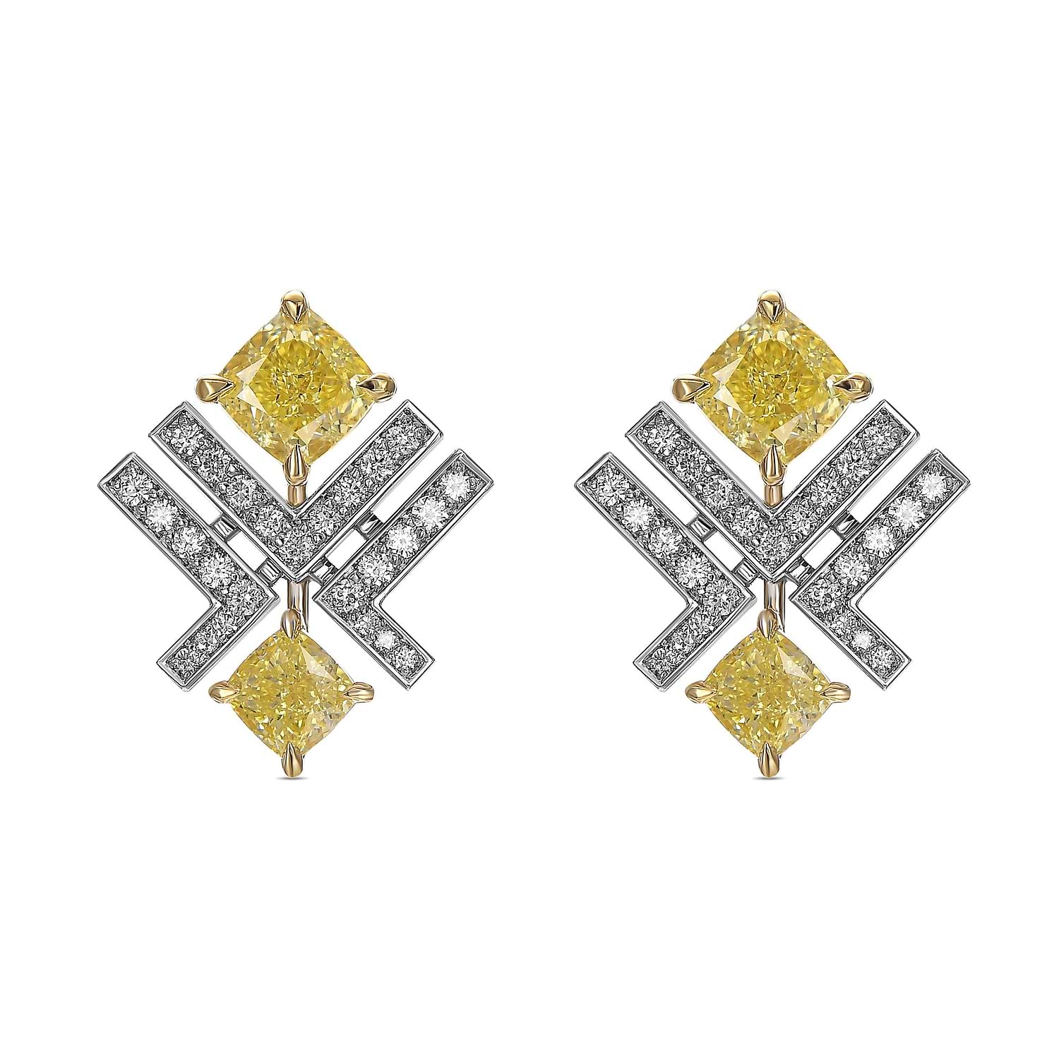 Fancy Yellow Cushion and Pave Diamond Leibish Logo Stud Earrings
