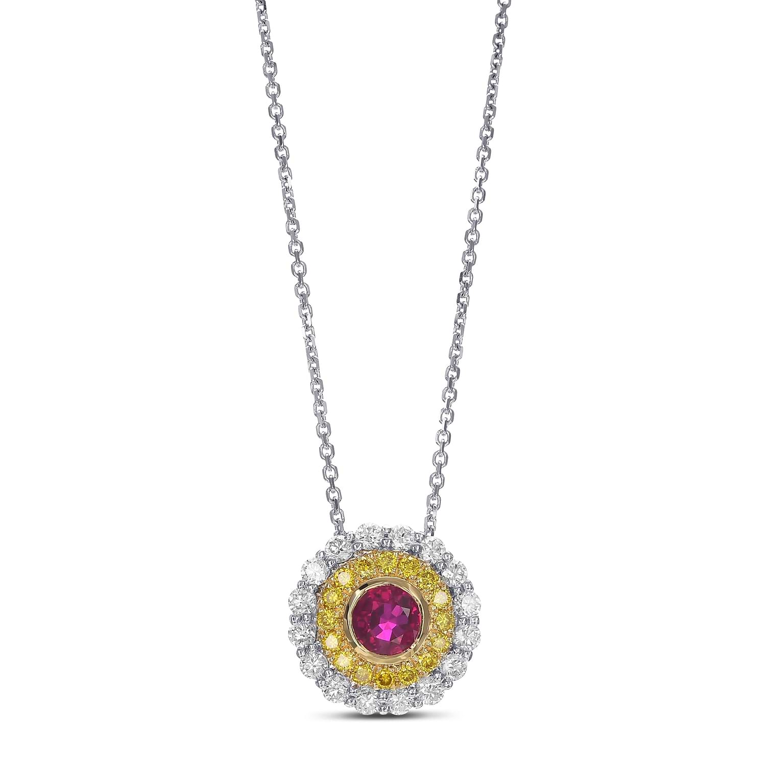 Ruby and Fancy Vivid Yellow Double Halo Diamond Pendant