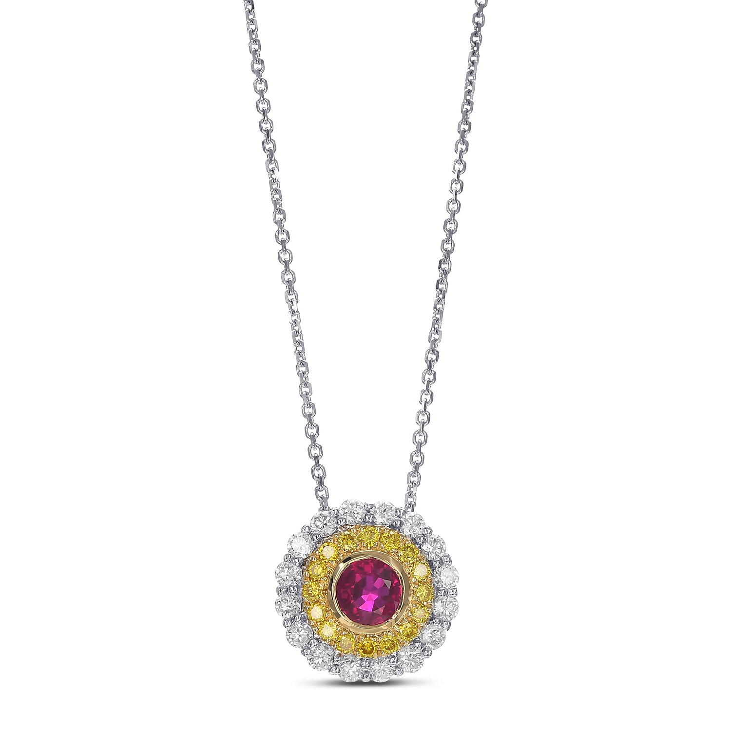 Ruby and Fancy Vivid Yellow Double Halo Diamond Pendant