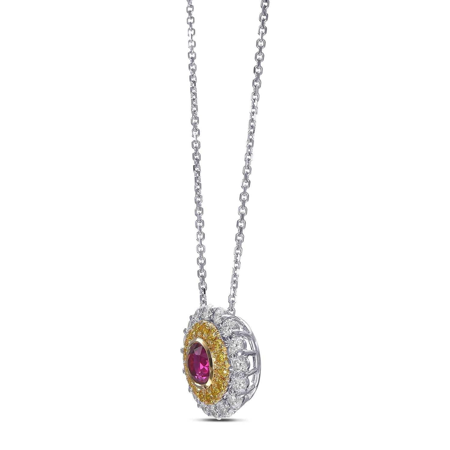 Ruby and Fancy Vivid Yellow Double Halo Diamond Pendant