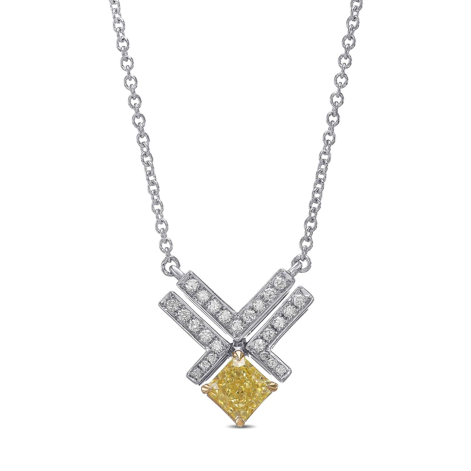 Fancy Intense Yellow and White Diamond Leibish Logo Pave Pendant