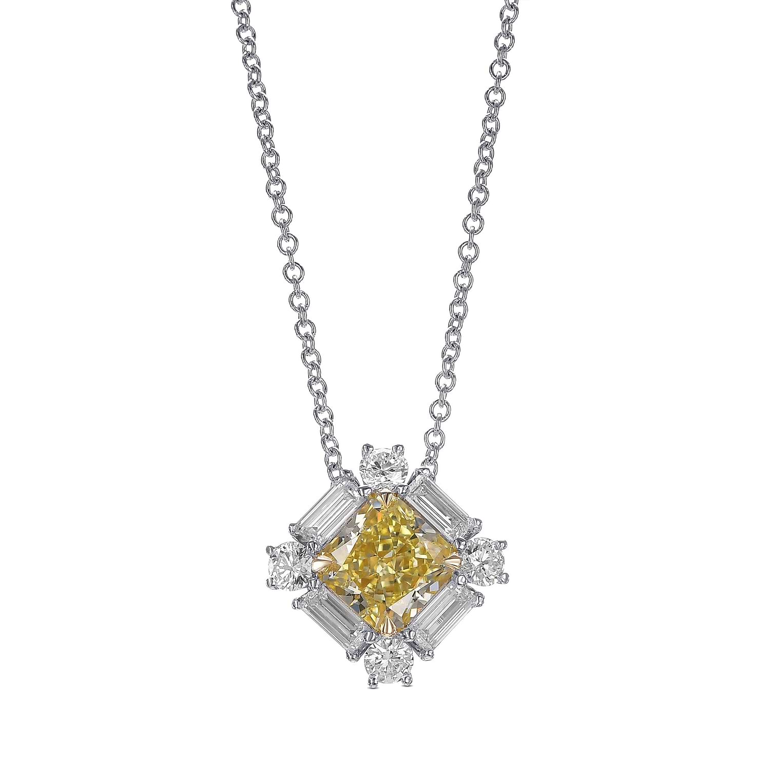 Fancy Yellow Radiant and Baguette Diamond Halo Pendant