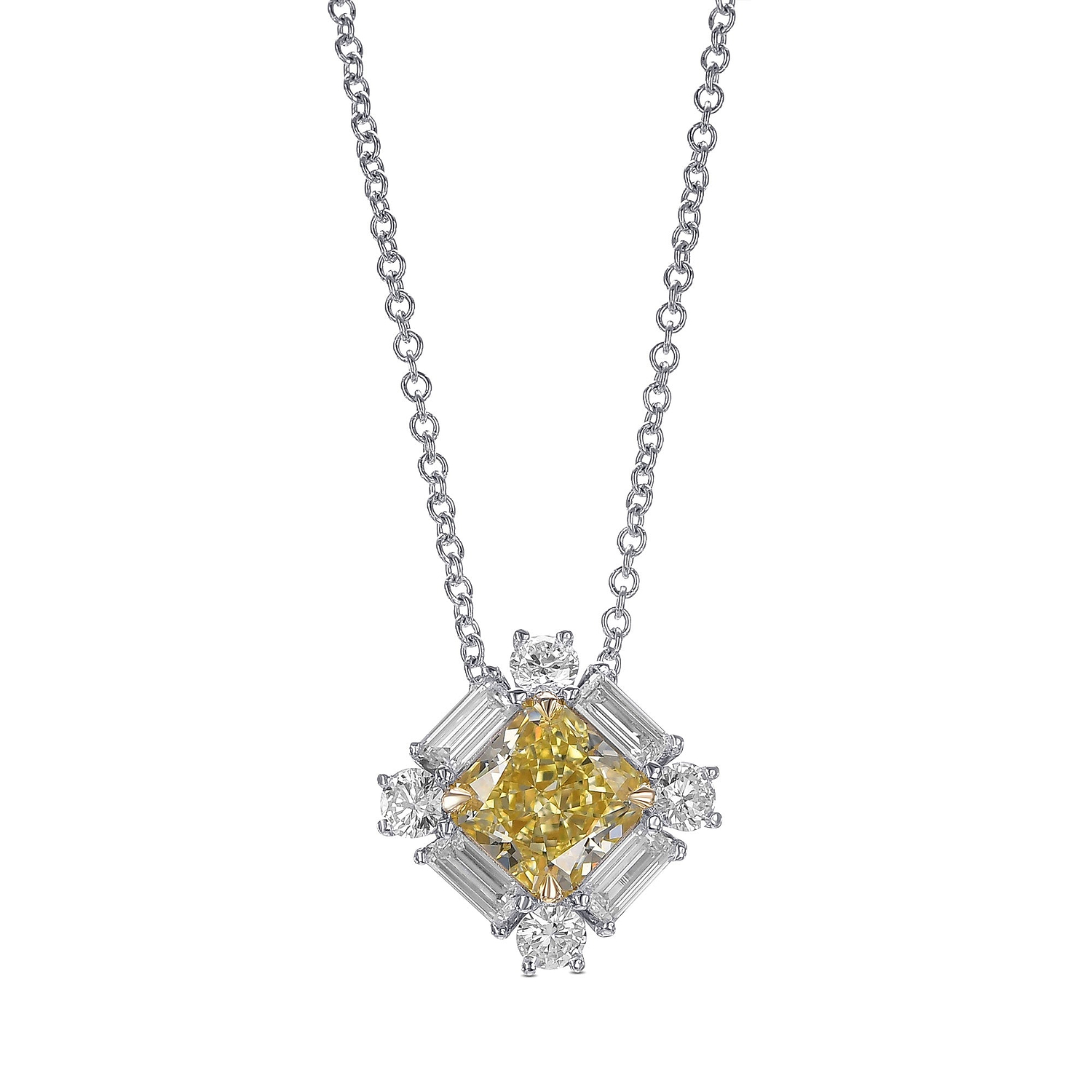 Fancy Yellow Radiant and Baguette Diamond Halo Pendant