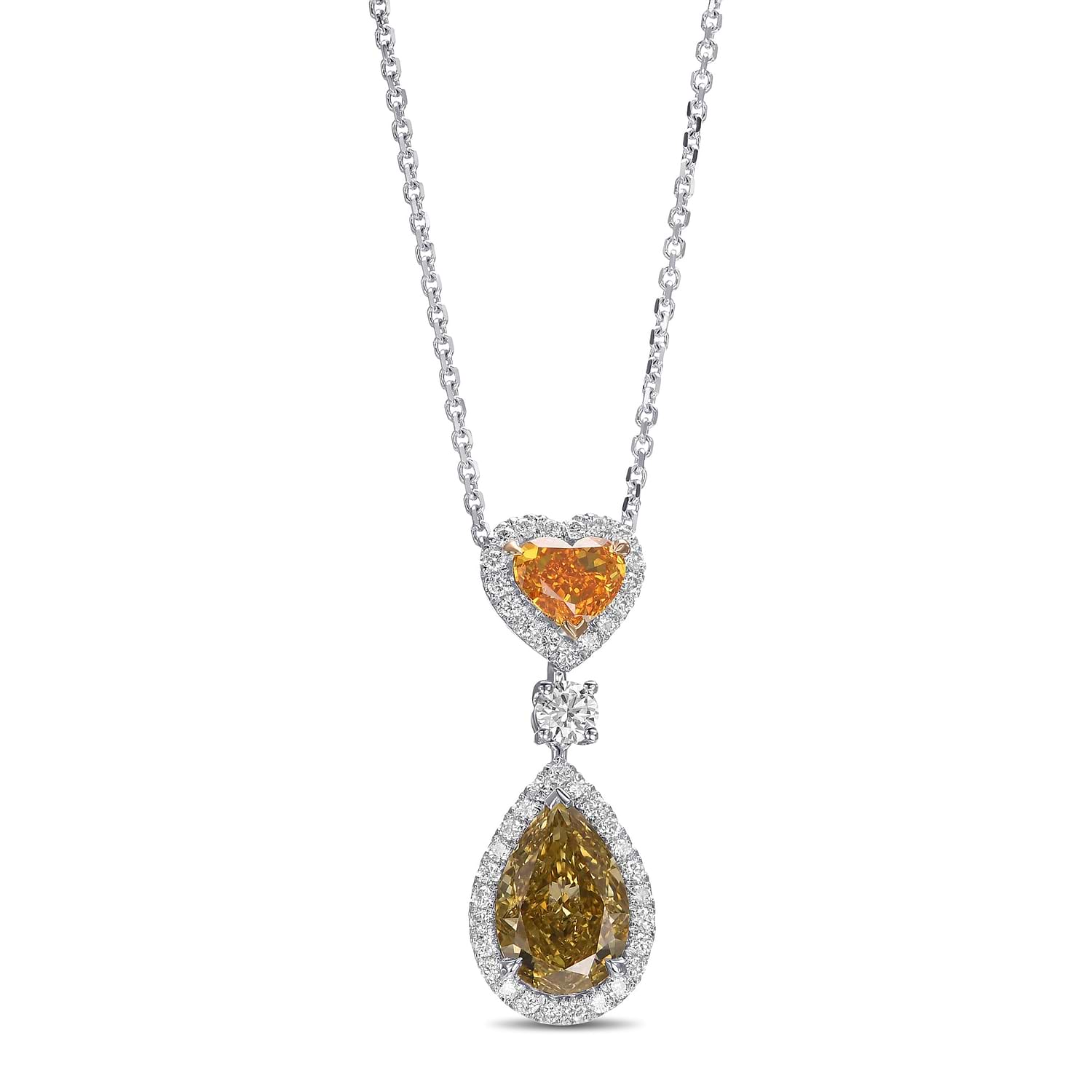 Fancy Vivid Yellow Orange Heart & Fancy Deep Brownish Greenish Yellow Pear Drop Halo Diamond Pendant