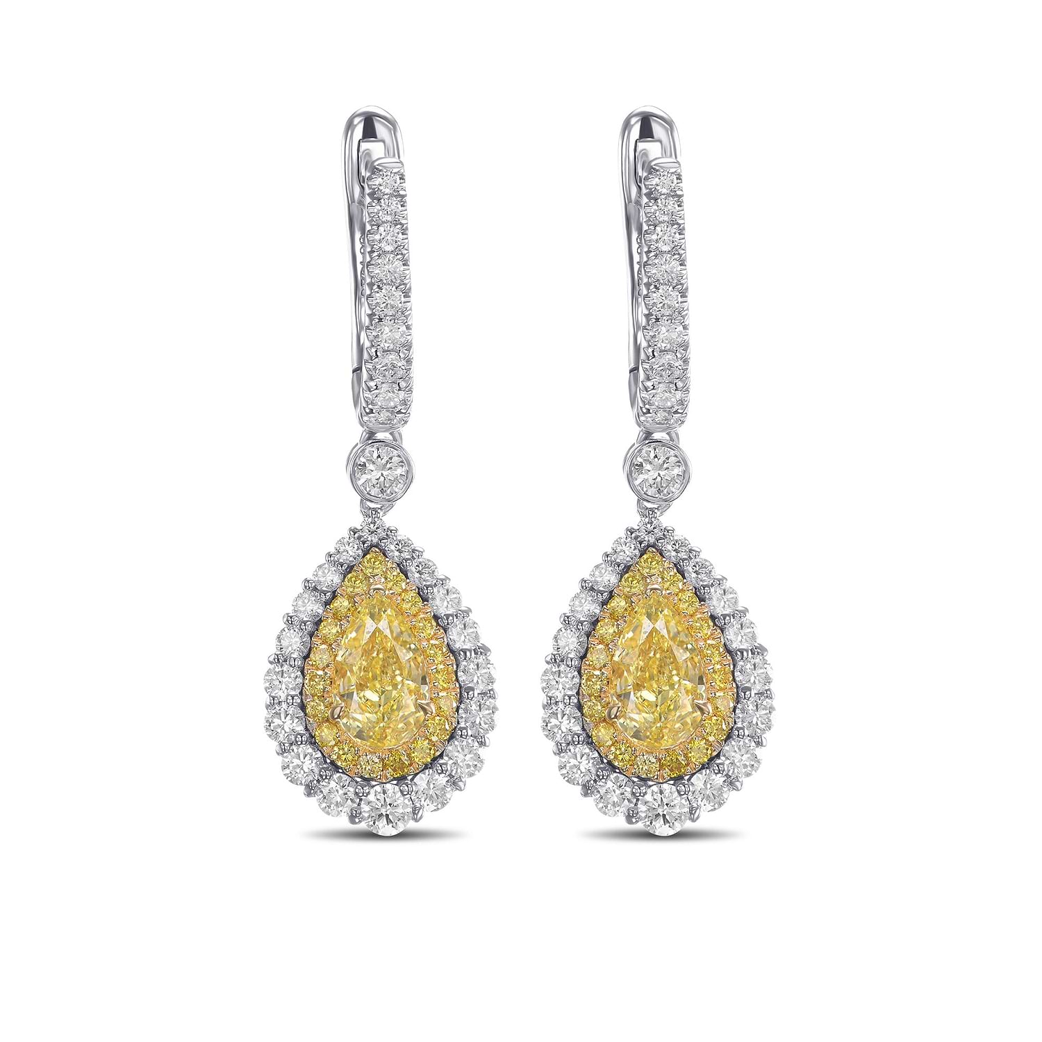 Fancy Intense Yellow Pear Diamond Halo Drop Earrings