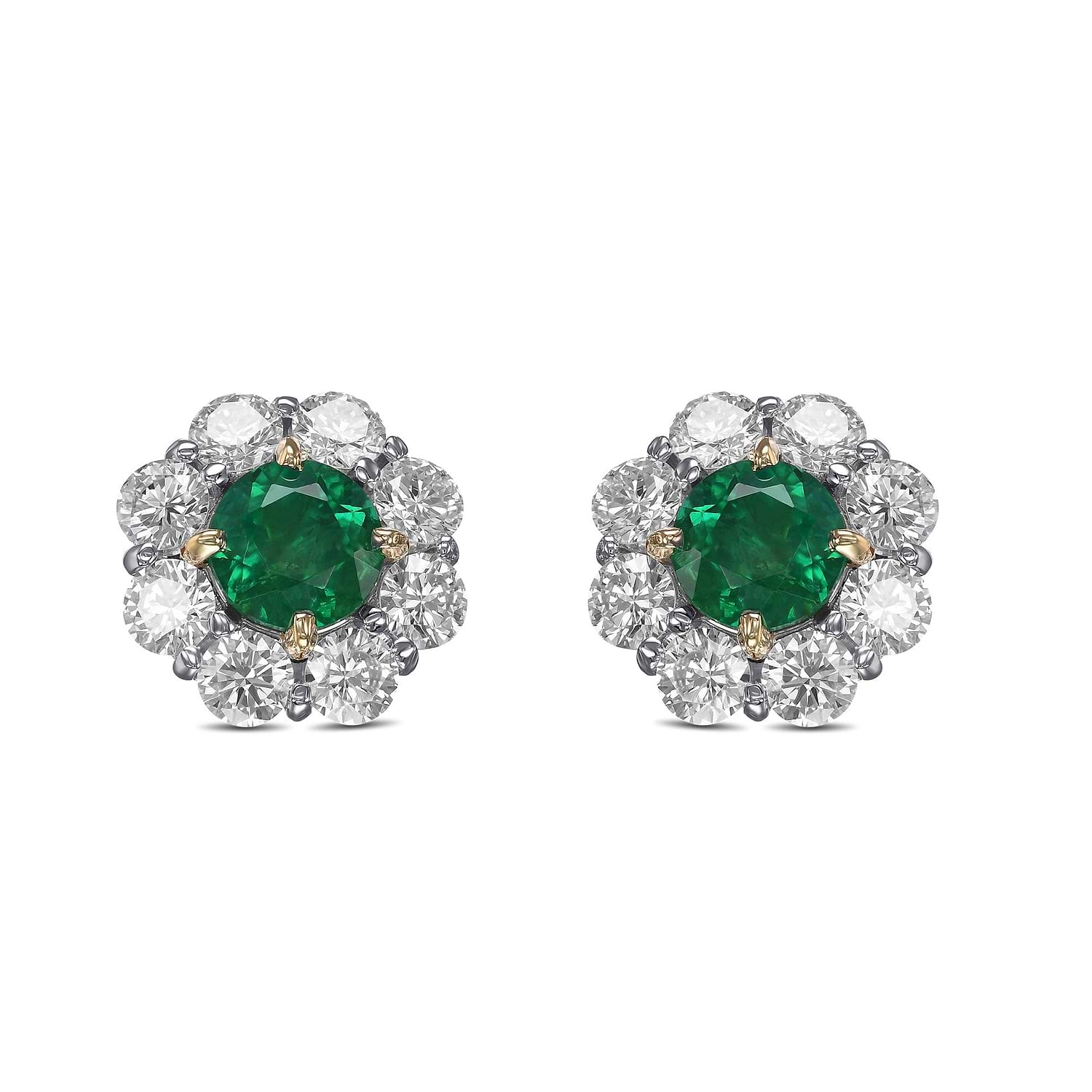 Round Emerald and Diamond Halo Earrings