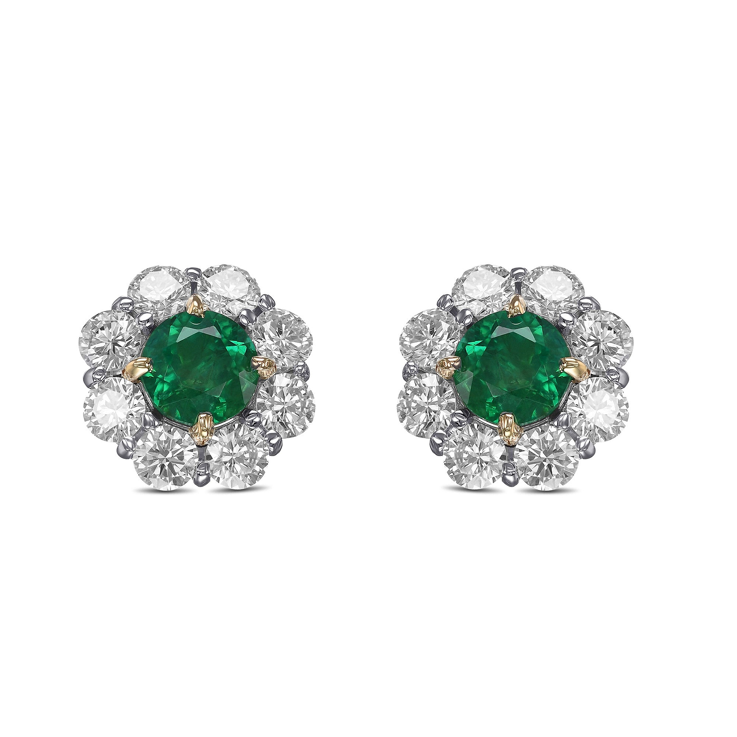 Round Emerald and Diamond Halo Earrings