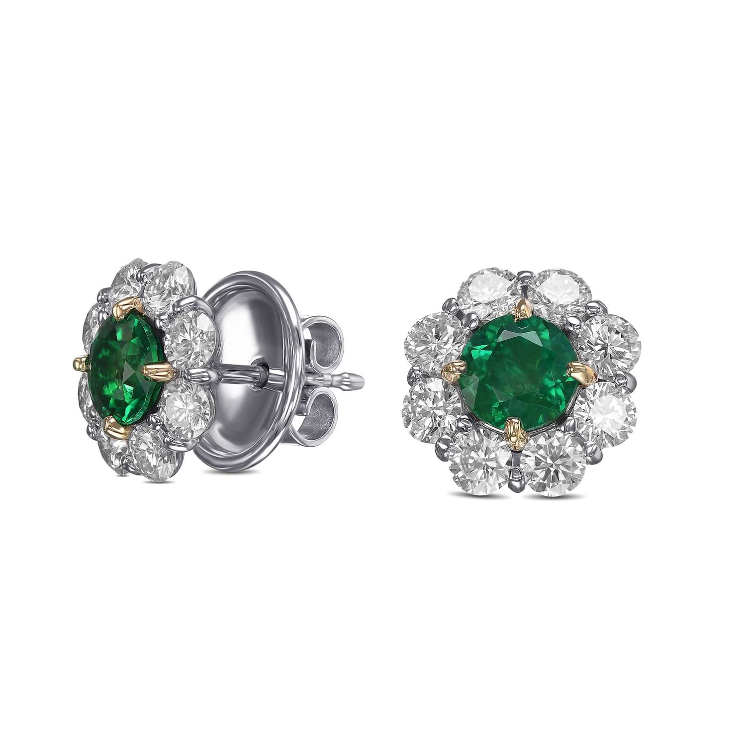 Round Emerald and Diamond Halo Earrings