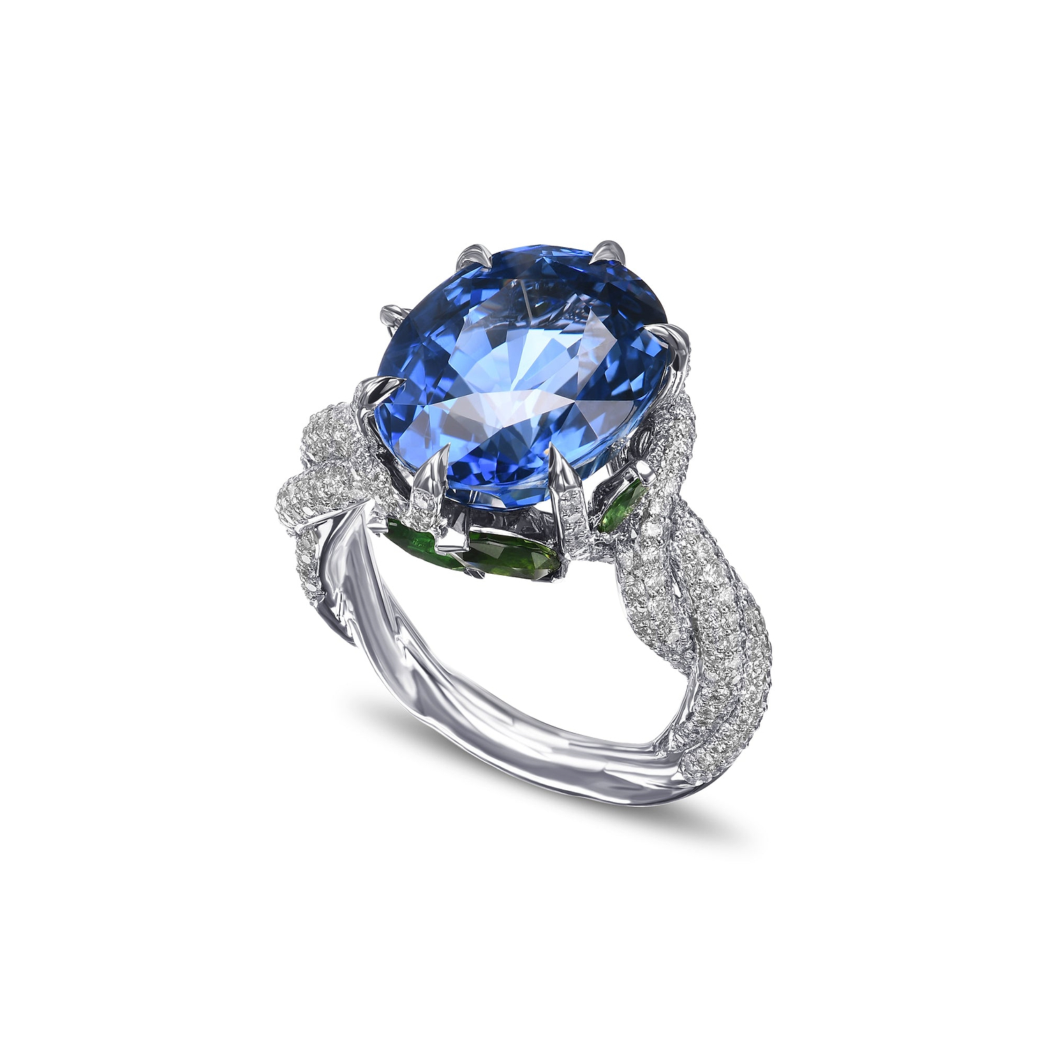 Extraordinary No Heat Oval Sapphire and Diamond Side Stone Ring