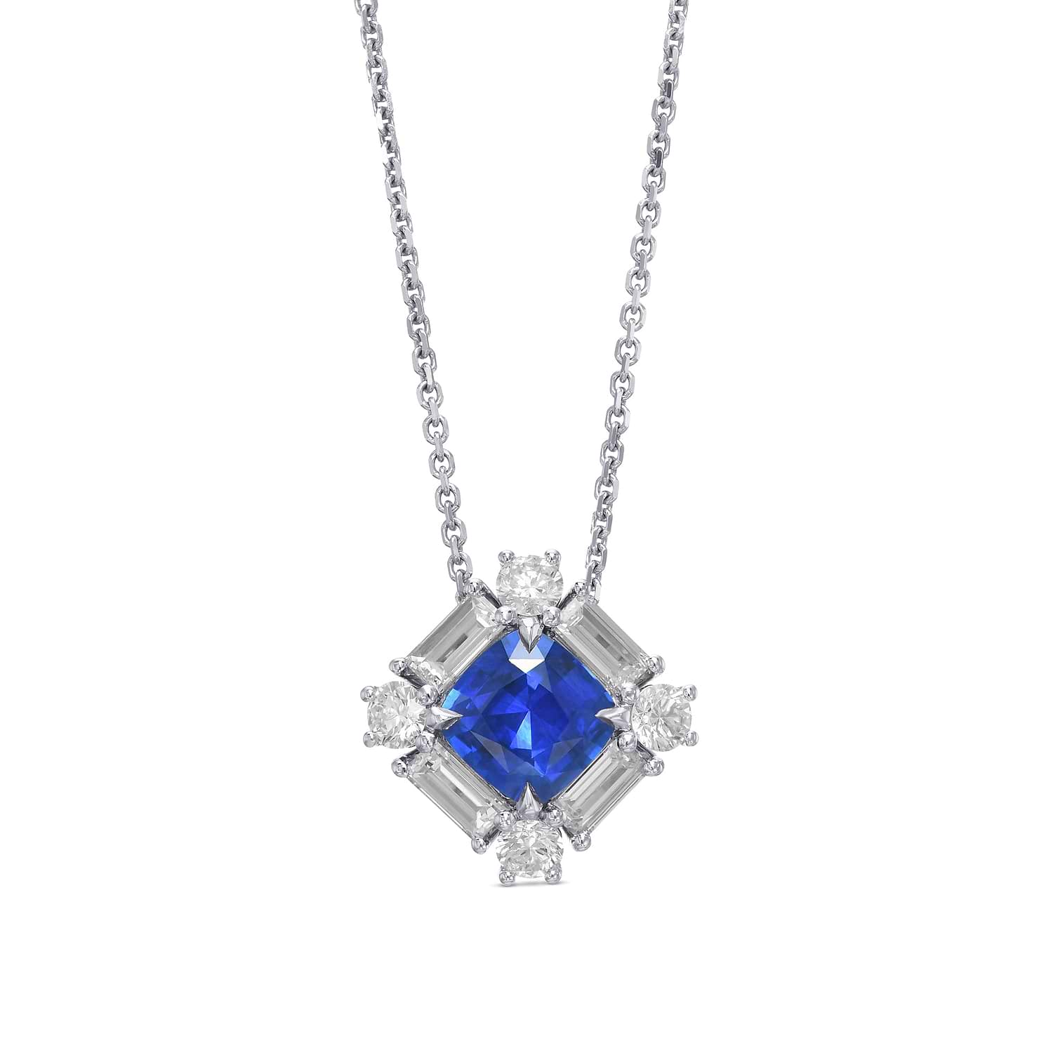 Cushion Blue Sapphire and Baguette Diamond Halo Pendant