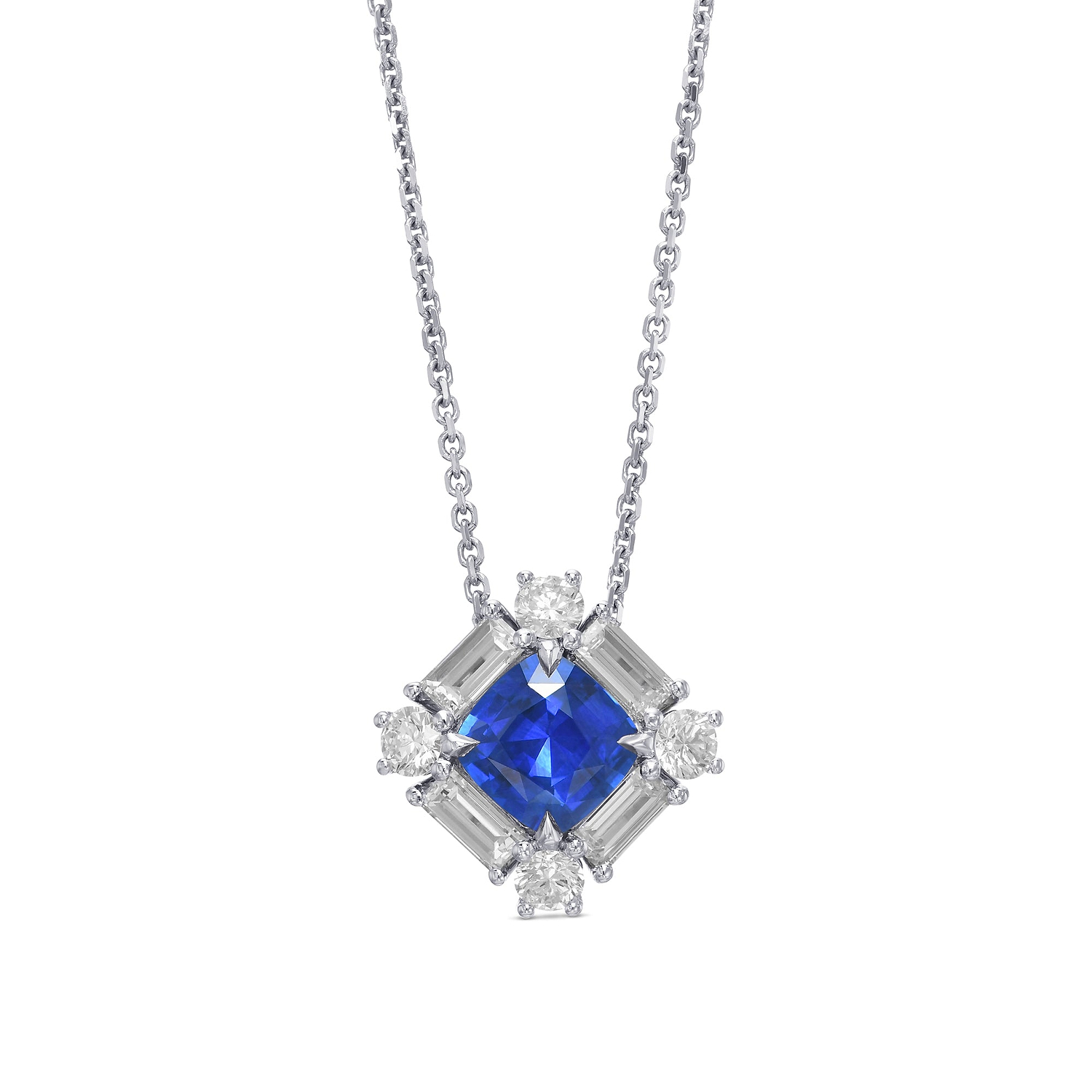 Cushion Blue Sapphire and Baguette Diamond Halo Pendant