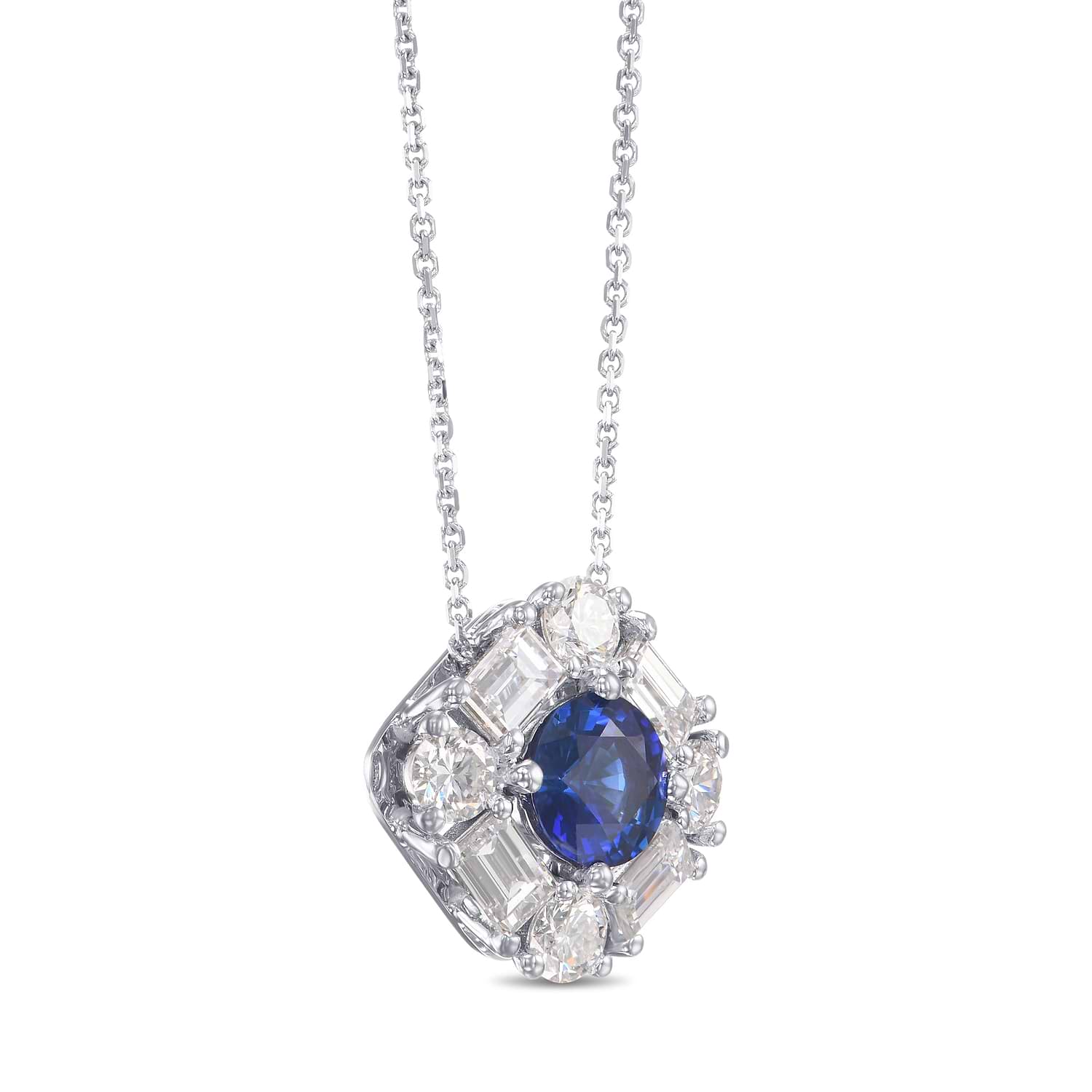 Round Blue Sapphire and Baguette Diamond Halo Pendant