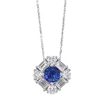 Round Blue Sapphire and Baguette Diamond Halo Pendant
