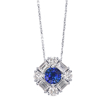 Round Blue Sapphire and  Baguette Diamond Halo Pendant