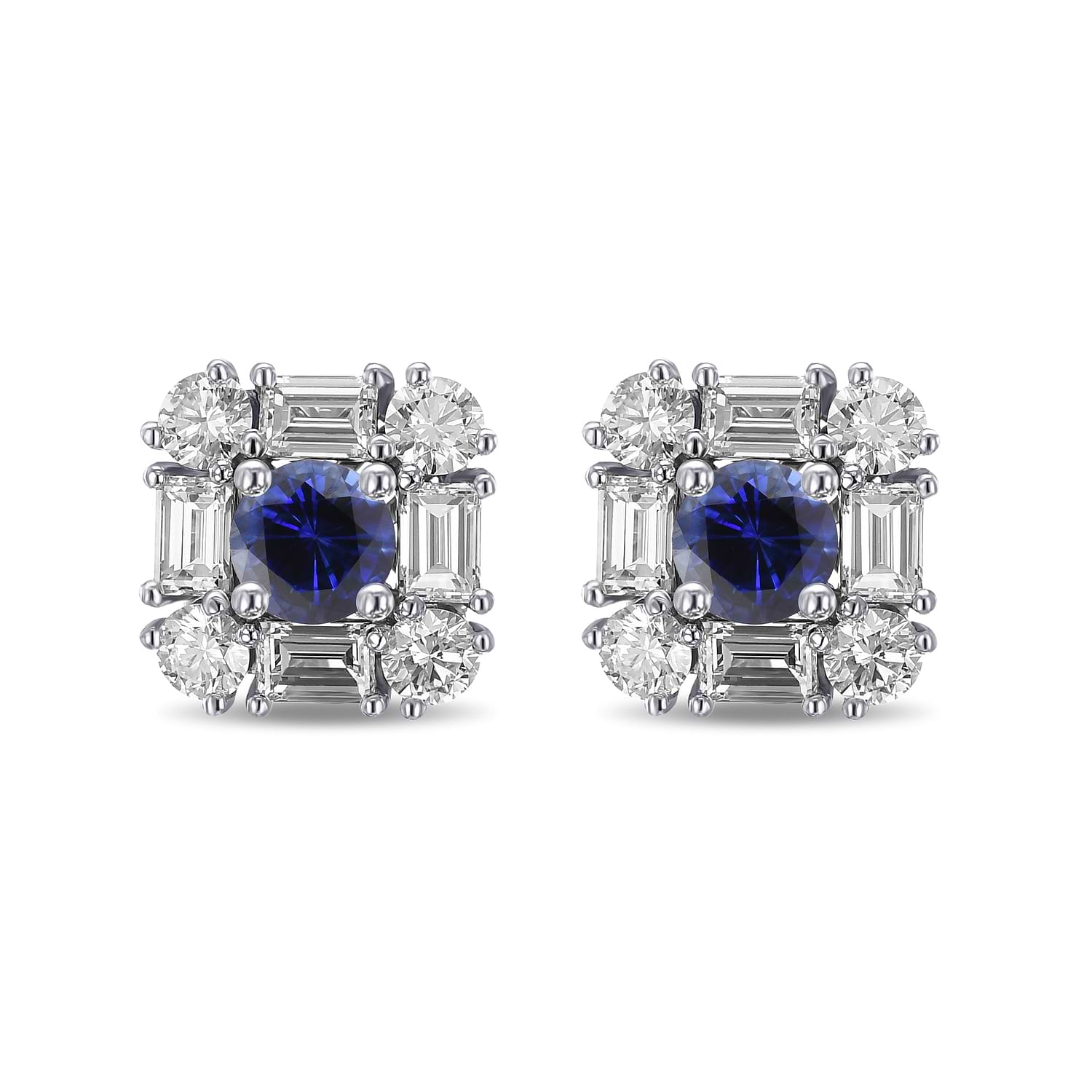 Blue Round Sapphire & Diamond Halo Stud Earrings