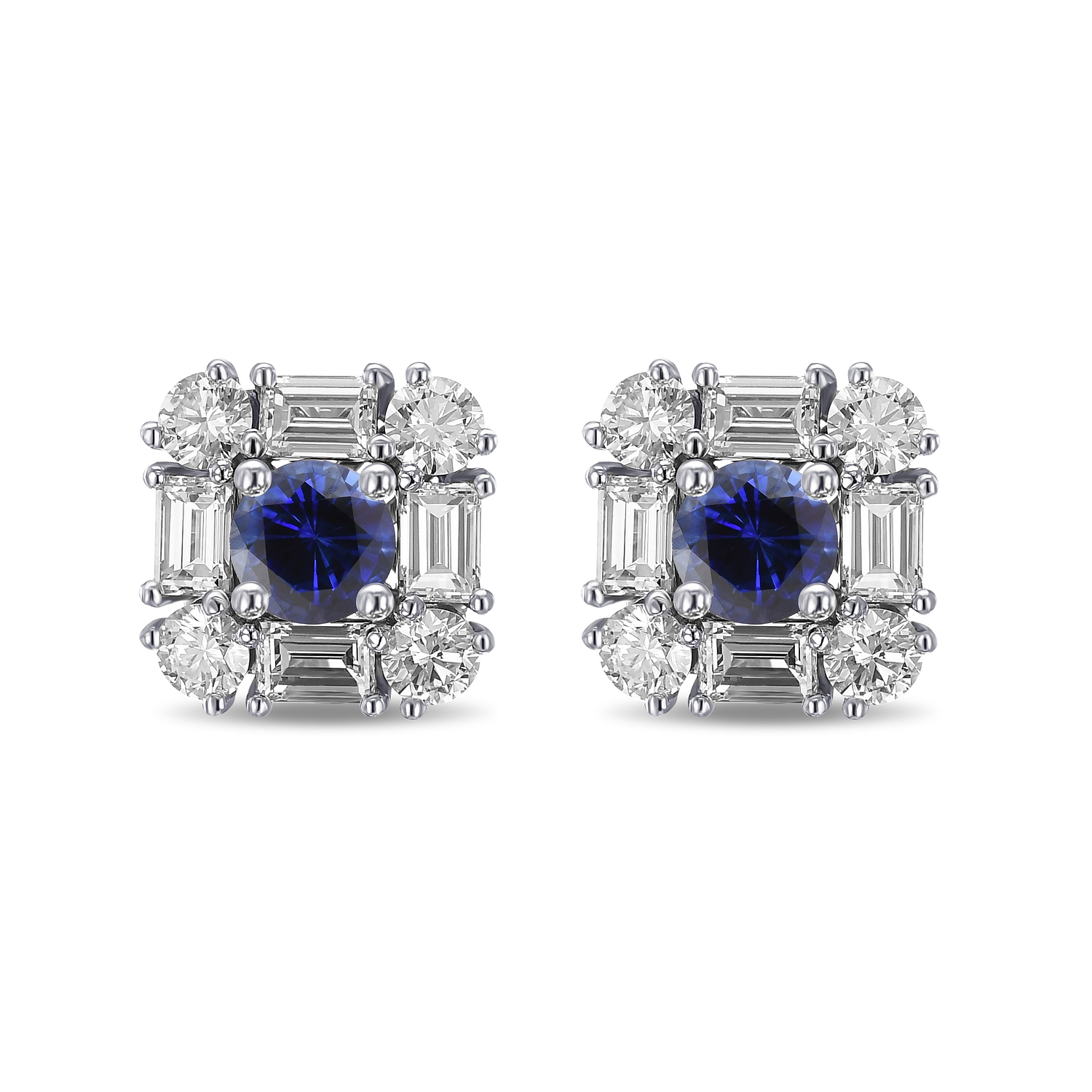 Blue Round Sapphire & Diamond Halo Stud Earrings
