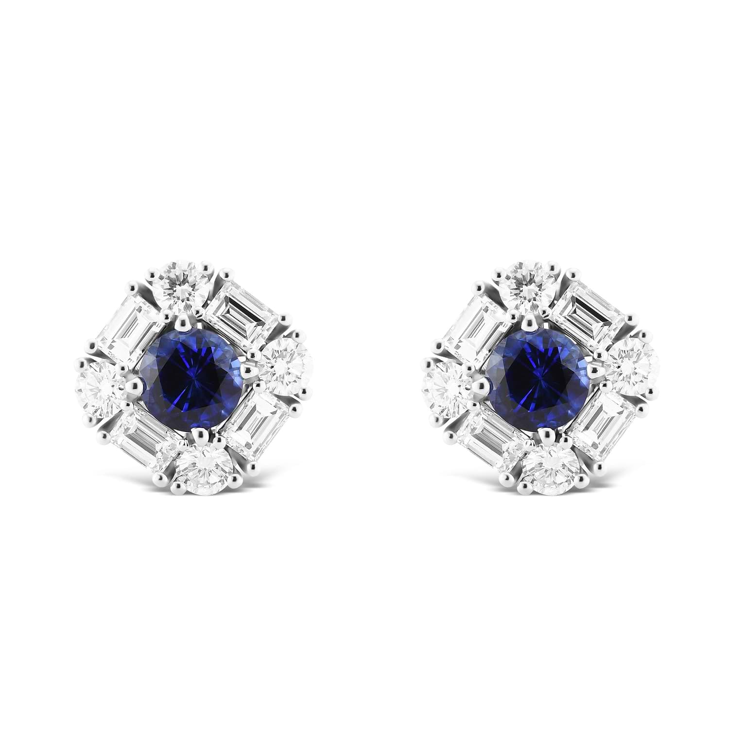 Blue Round Sapphire & Diamond Halo Stud Earrings