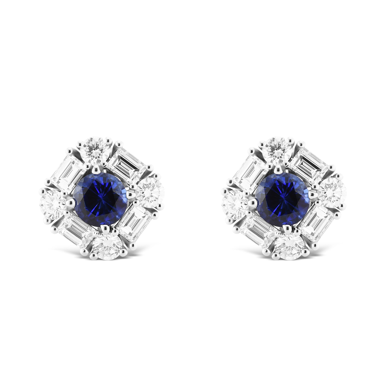 Blue Round Sapphire & Diamond Halo Stud Earrings