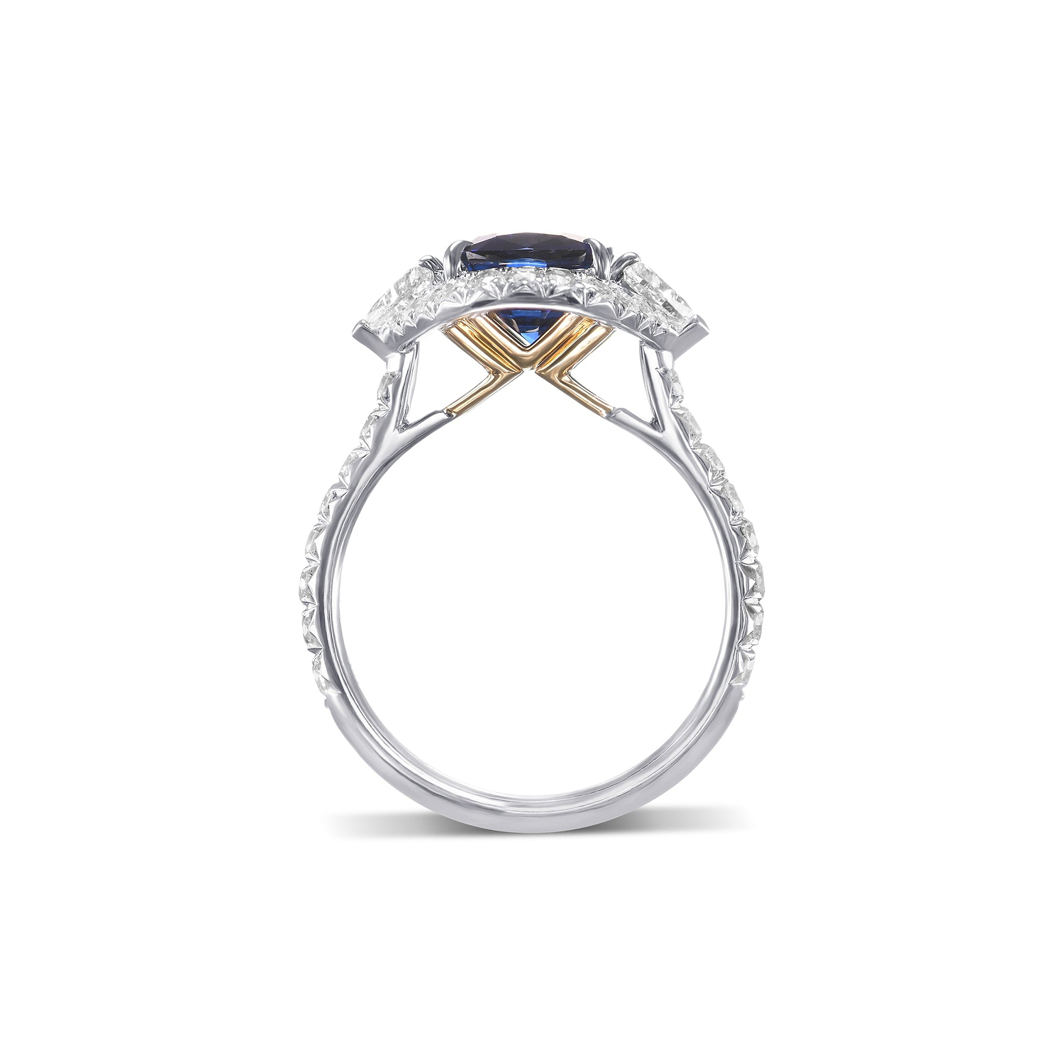 Royal Blue Cushion Sapphire & Triangle Diamond Halo Ring