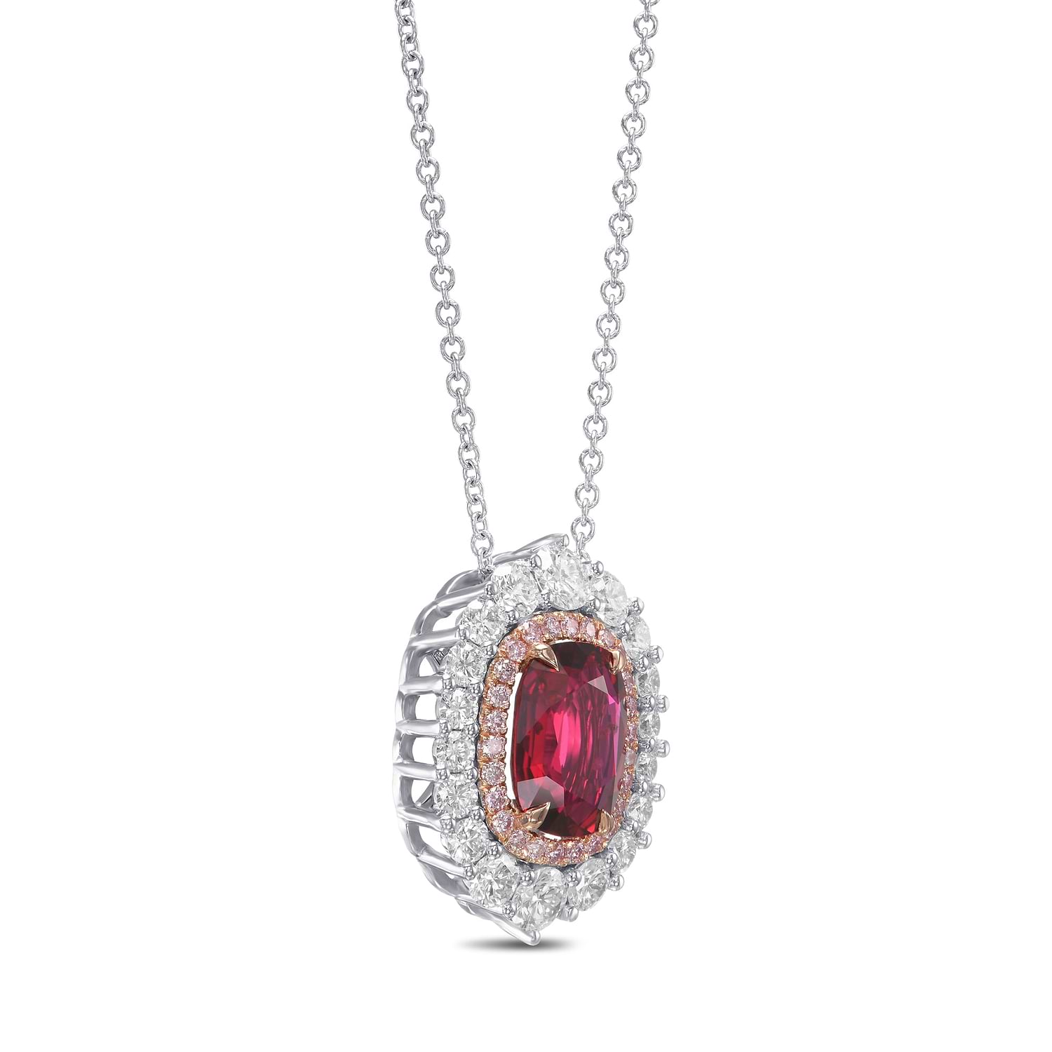 Oval Pigeon Blood Ruby and Diamond Double Halo Pendant
